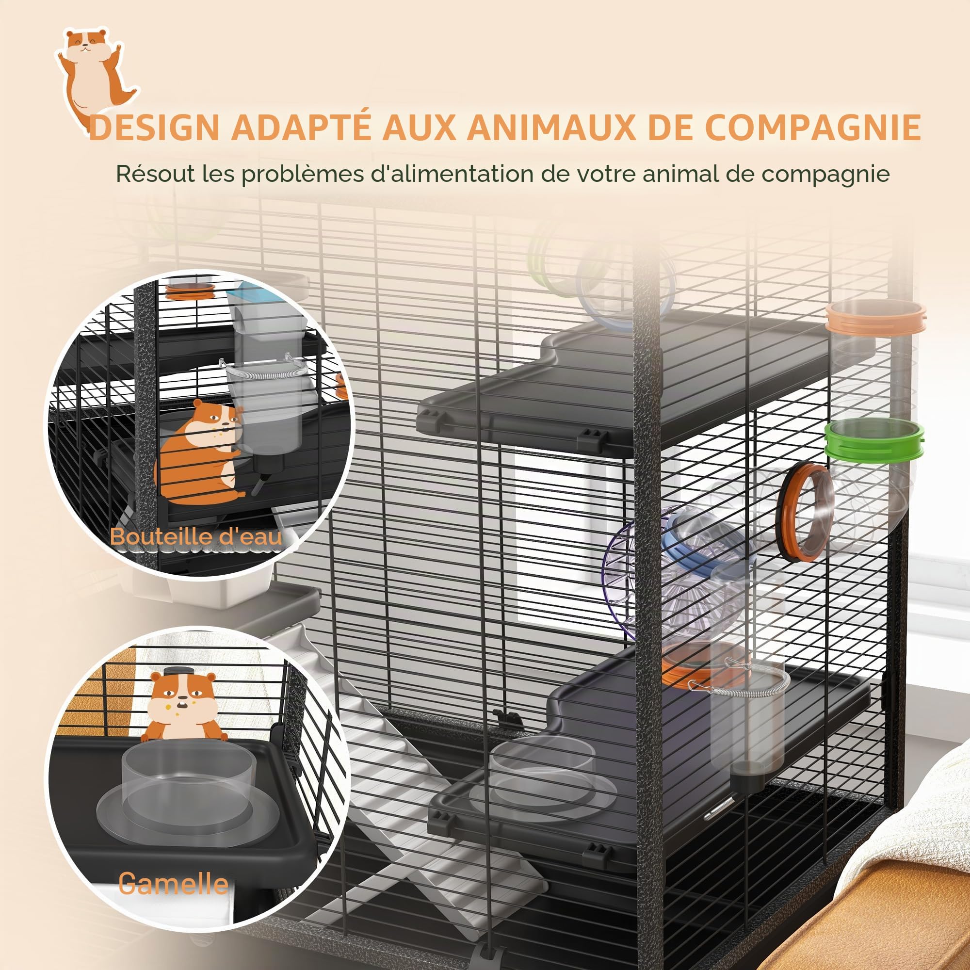 PawHut Grande Cage Hamster avec Roue pour Hamster syrien Noir | Tubes, étagère de rangement, rampes, roue de course, bol nourriture, biberon