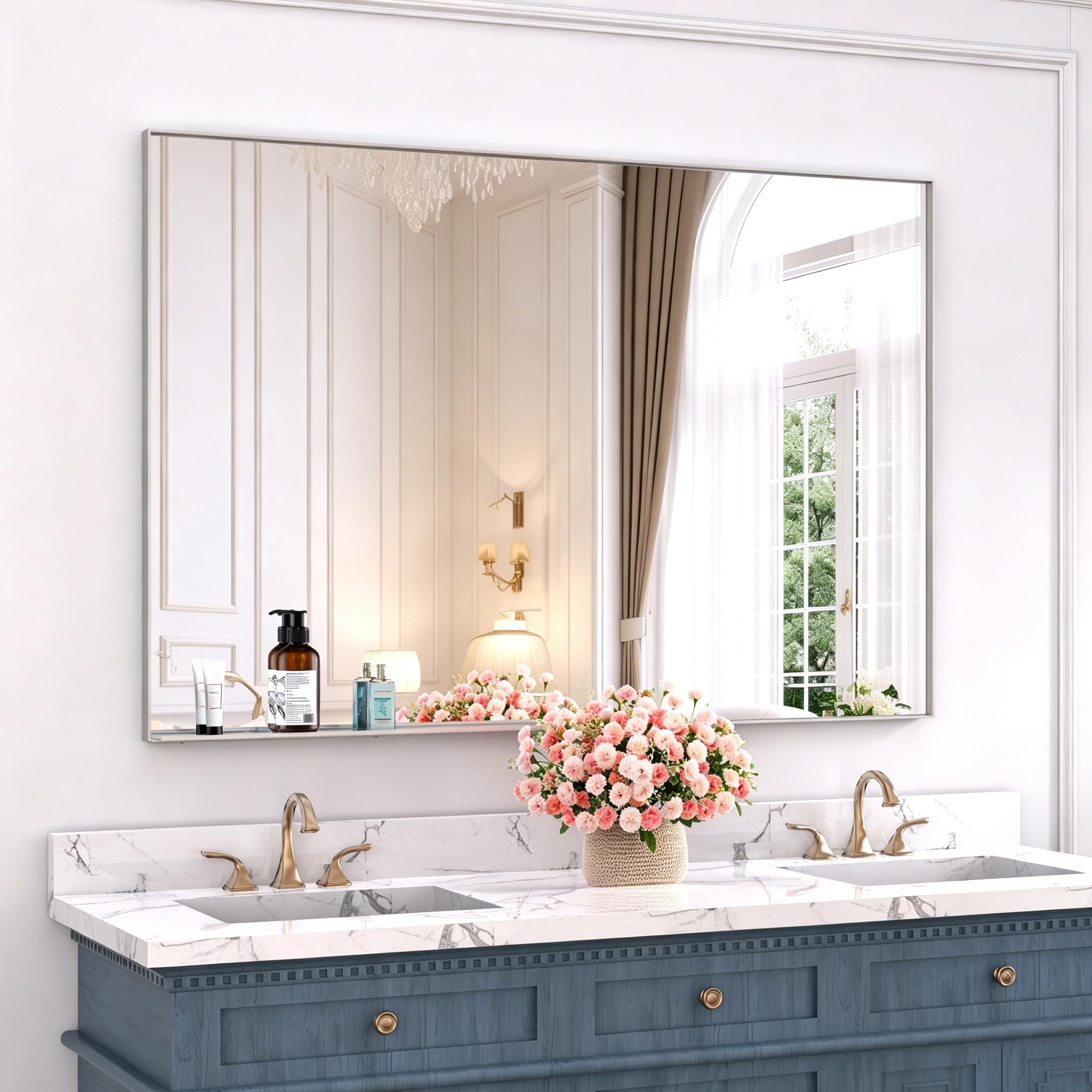 Photo 1 of ANYHI Extra Large Bathroom Mirror, 60" x 40" Bathroom Vanity Mirror, Aluminum Frame Rectangular Bathroom Wall Mirror with Removable Shelf for Over Sink, HD Silver Glass, Anti-Rust, Horizontal/Vertical