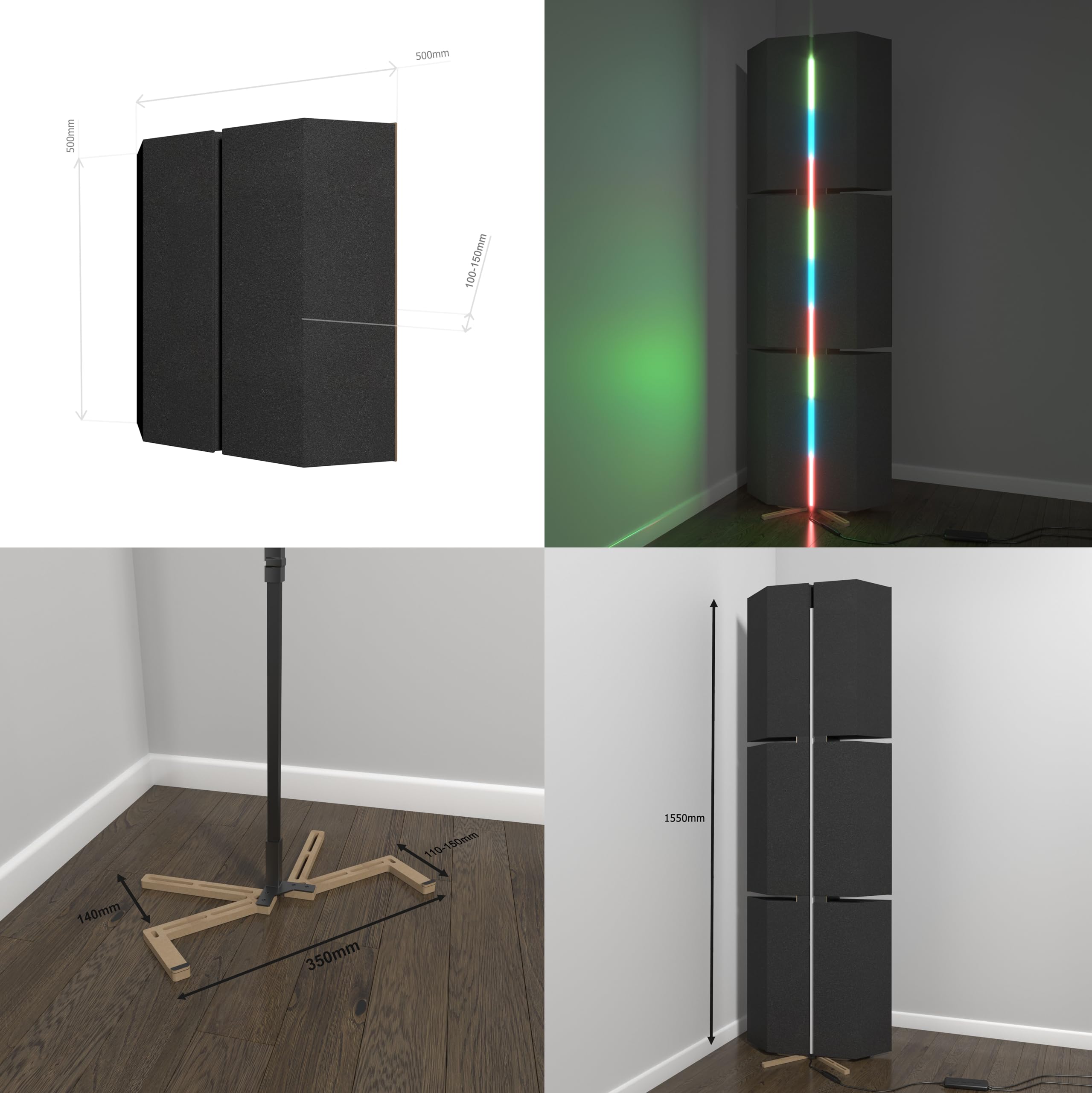 3-pak – akustyczne pułapki basowe "WAVE" z lampą podłogową RGB Light | Narożny mobilny stojak akustyczny LED z podświetleniem | Absorpcja dźwięku i dyfuzja | 150 x 50 x 15 cm | Kolor płyty: dąb