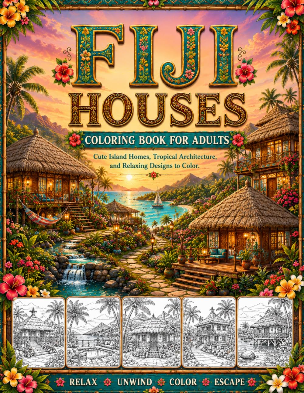 Fiji Houses Coloring Book for Adults: Cute Island Homes, Tropical Architecture, and Relaxing Designs to Color