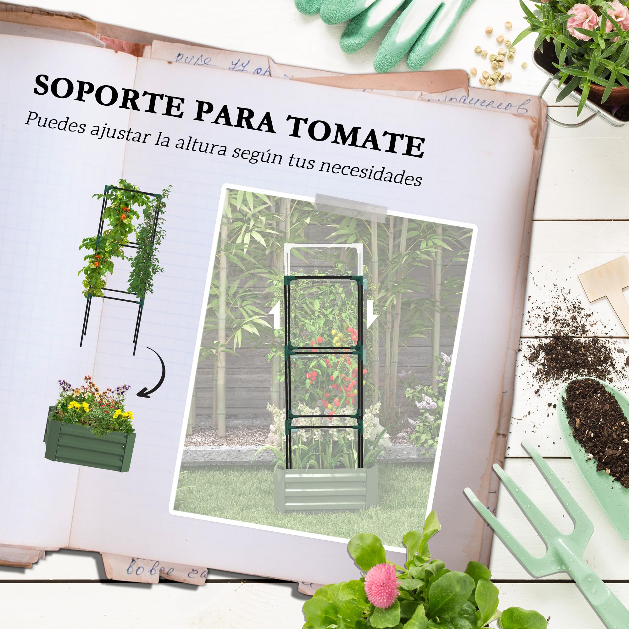 Outsunny Jardinera Exterior Grande de Acero Galvanizado Jardinera de Exterior con Celosía para Plantas Trepadoras y Fondo Abierto para Patio Terraza Balcón 61x61x140 cm Verde