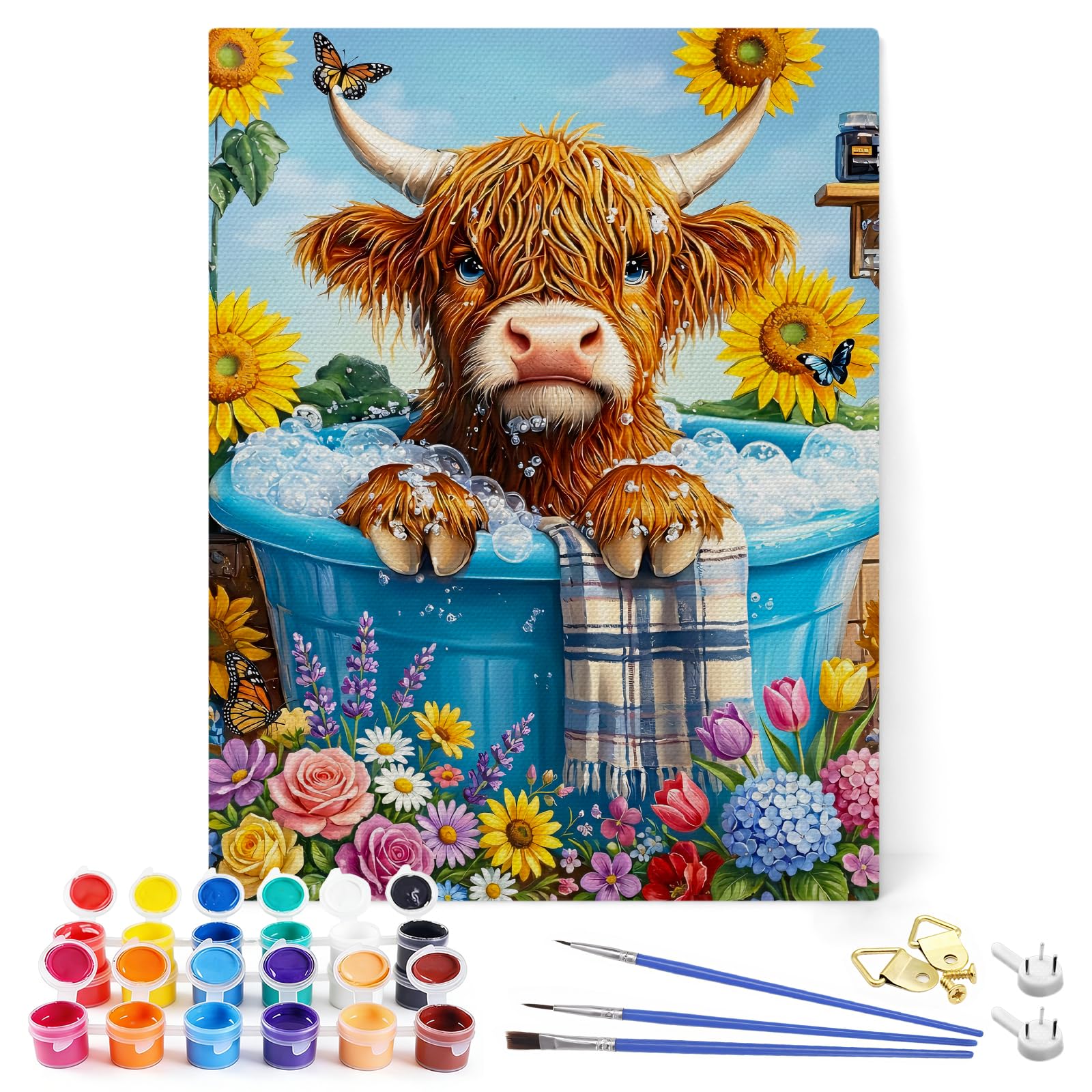 Highland Cow Paint By Numbers Kits, Coloring Poster with Paints and Paintbrushes, DIY Paint By Number Kits On Canvas for Beginner, Highland Cow Wall Art for Bathroom Nursery Decor