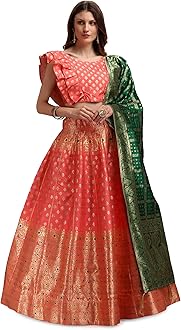 PURVAJA Women's Jacquard Semi-Stitched Lehenga choli(Khwab), Navy-Blue, One Size