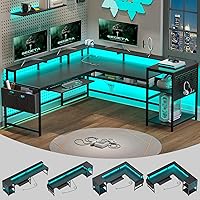 SEDETA 96" L-Shaped Reversible Gaming Desk with Power Outlets, RGB LED Lights, Keyboard Tray, Monitor Shelf & Storage - Black
