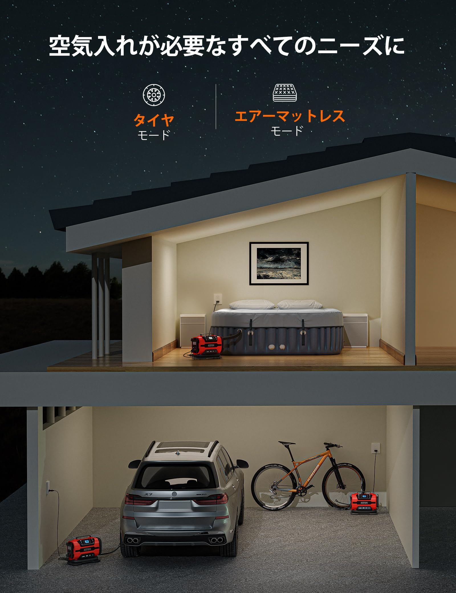 Amazon | AstroAI エアーコンプレッサー 電動空気入れ 5 in 1 タイヤ