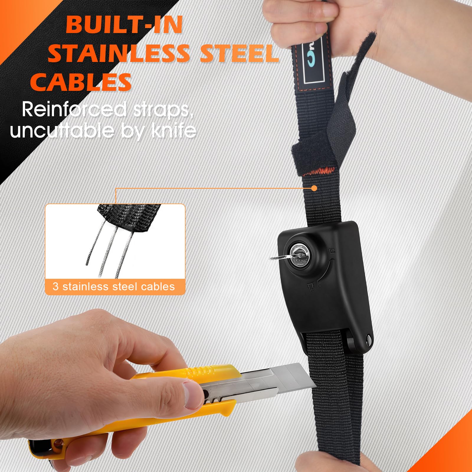 Cinghia di Fissaggio Bloccabile,4mx25mm con 3 Corde in Acciaio,per Evitare Furti,Cinghie Multiuso con Serratura e Chiave per Box da Tetto,Tenda da Tetto,Moto,Auto,SUP,Surf,Kayak