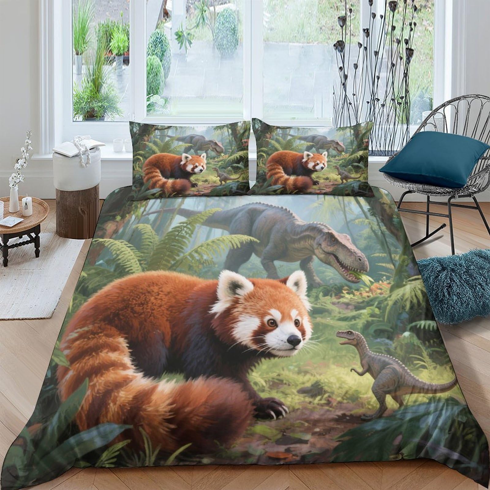 Housse de couette panda roux 140x200 pour chambre d'enfant sur le thème dinosaure aventure