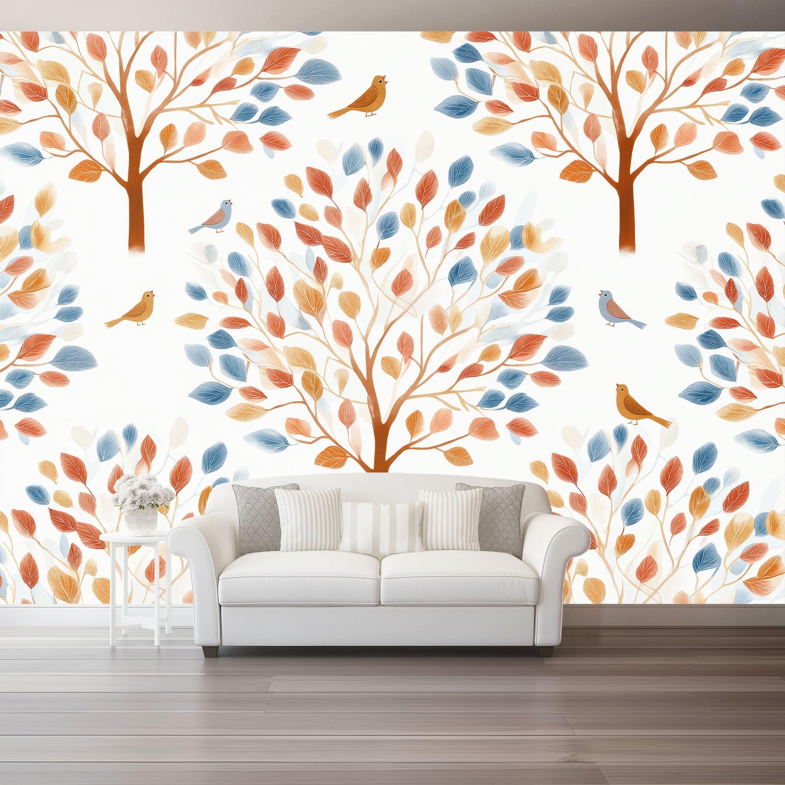 Tapeta ścienna Akwarela Drzewa Natura Ptaki na ścianę, Dekoracja domu Salon Sypialnia, Brązowy Pomarańczowy Druk HD, Artystyczny Design, Pokrycie ścienne, 400 x 280 cm