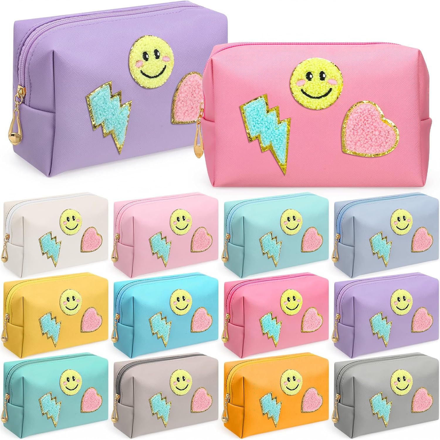 Sanwuta 12 Pcs Preppy Patch Makeup Bags Bulk PU Leather Cosmetic Bag Travel Portable Waterproof Storage for Women Girls Plain Toiletry Pouches for Party Gift (Smile,Lightning,Heart,Candy Color)
