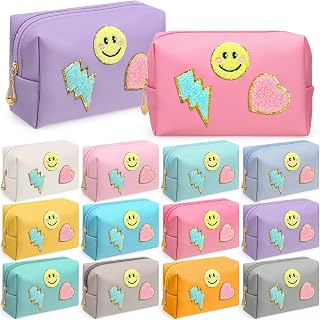 Sanwuta 12 Pcs Preppy Patch Makeup Bags Bulk PU Leather Cosmetic Bag Travel Portable Waterproof Storage for Women Girls Plain Toiletry Pouches for Party Gift (Smile,Lightning,Heart,Candy Color)
