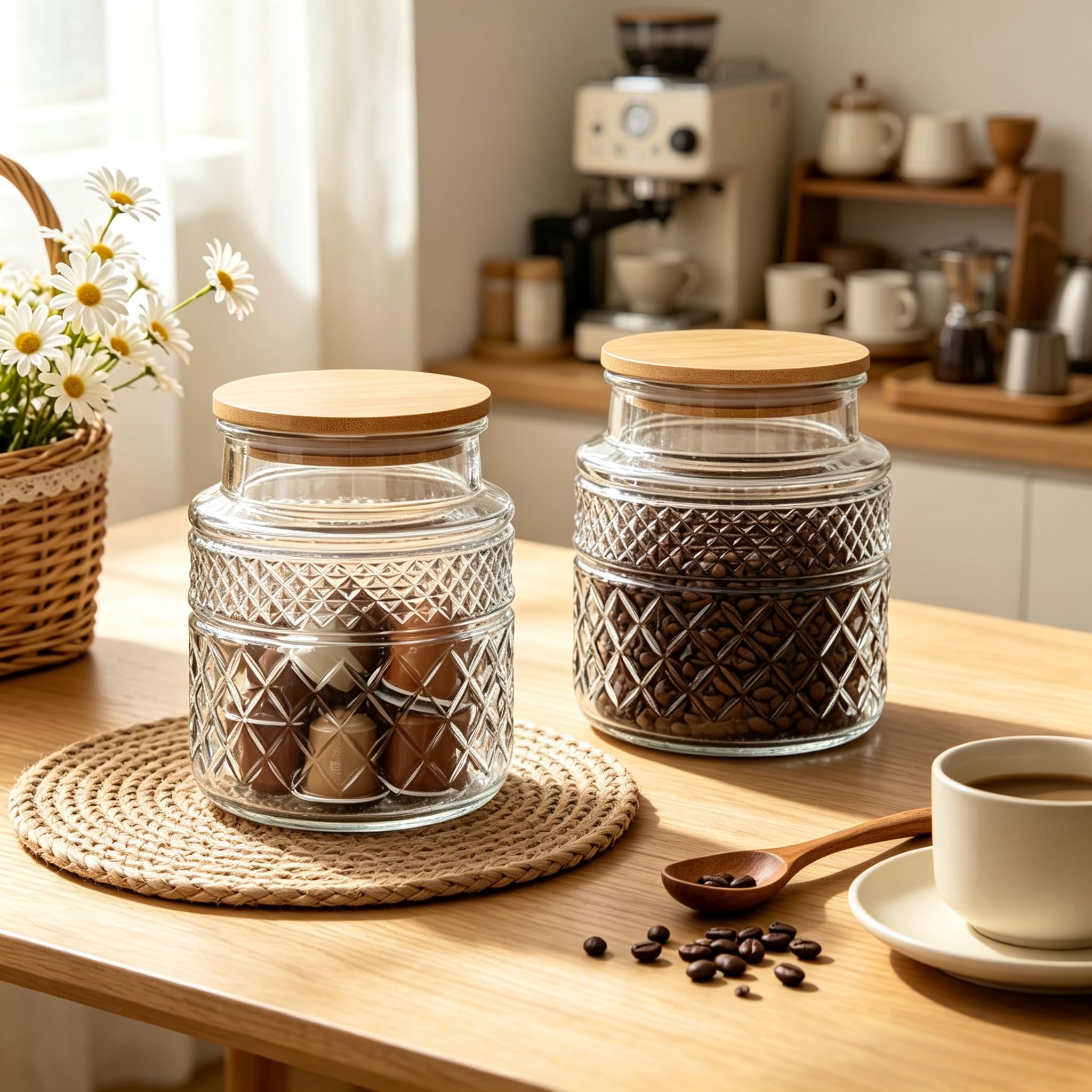 Prettidecor Tarros de almacenamiento de vidrio, botes herméticos de 38 onzas líquidas con tapa de bambú, recipientes decorativos de cocina para cereales, nueces, aperitivos, dulces, galletas, café, té