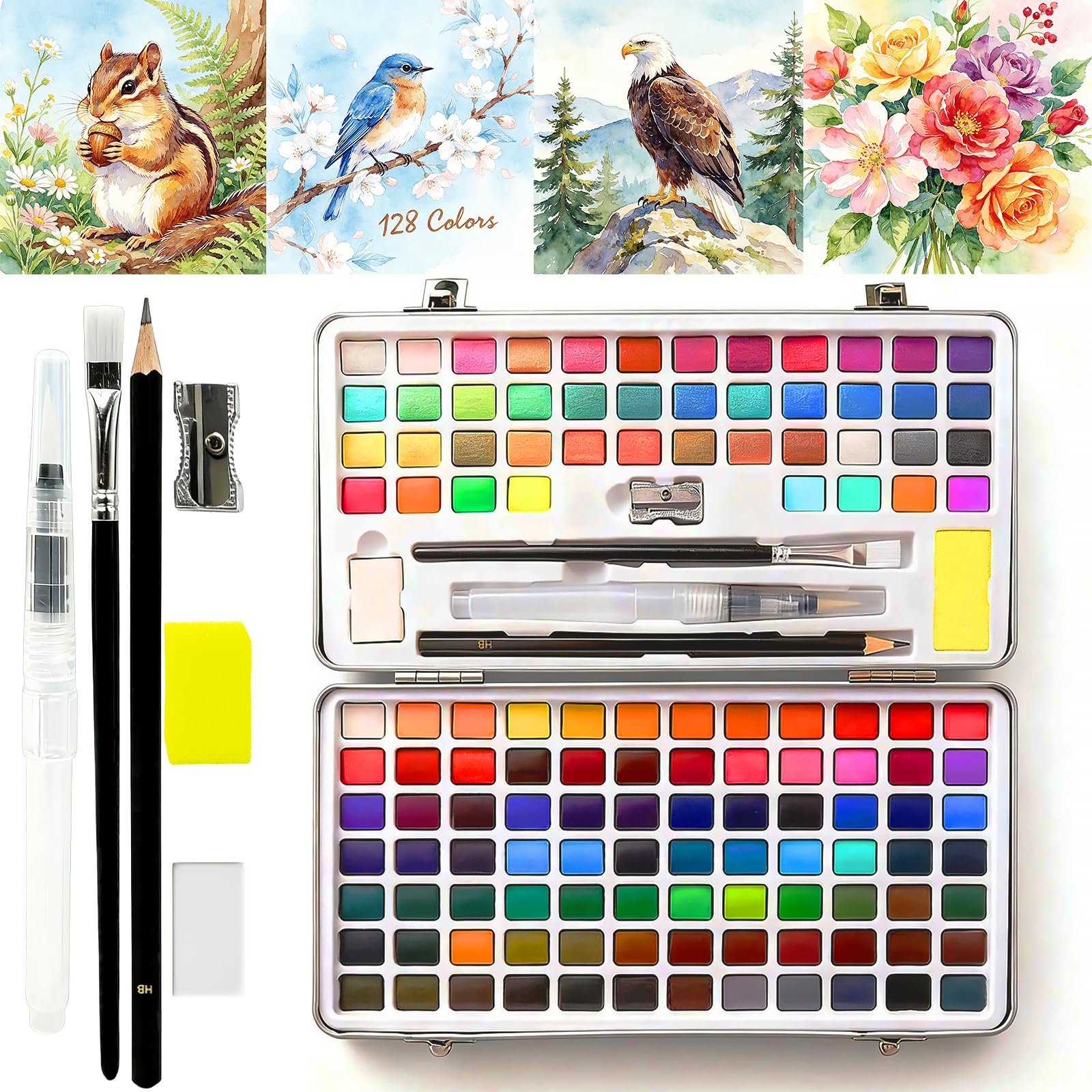 Lalloply Watercolour Paint Set 128 Colors in Portable Box, Include Metallic and Fluorescent Colors, Travel Set with Watercolour Brushes and Pencils, Ideal for Artist, Beginners and Painting Lovers