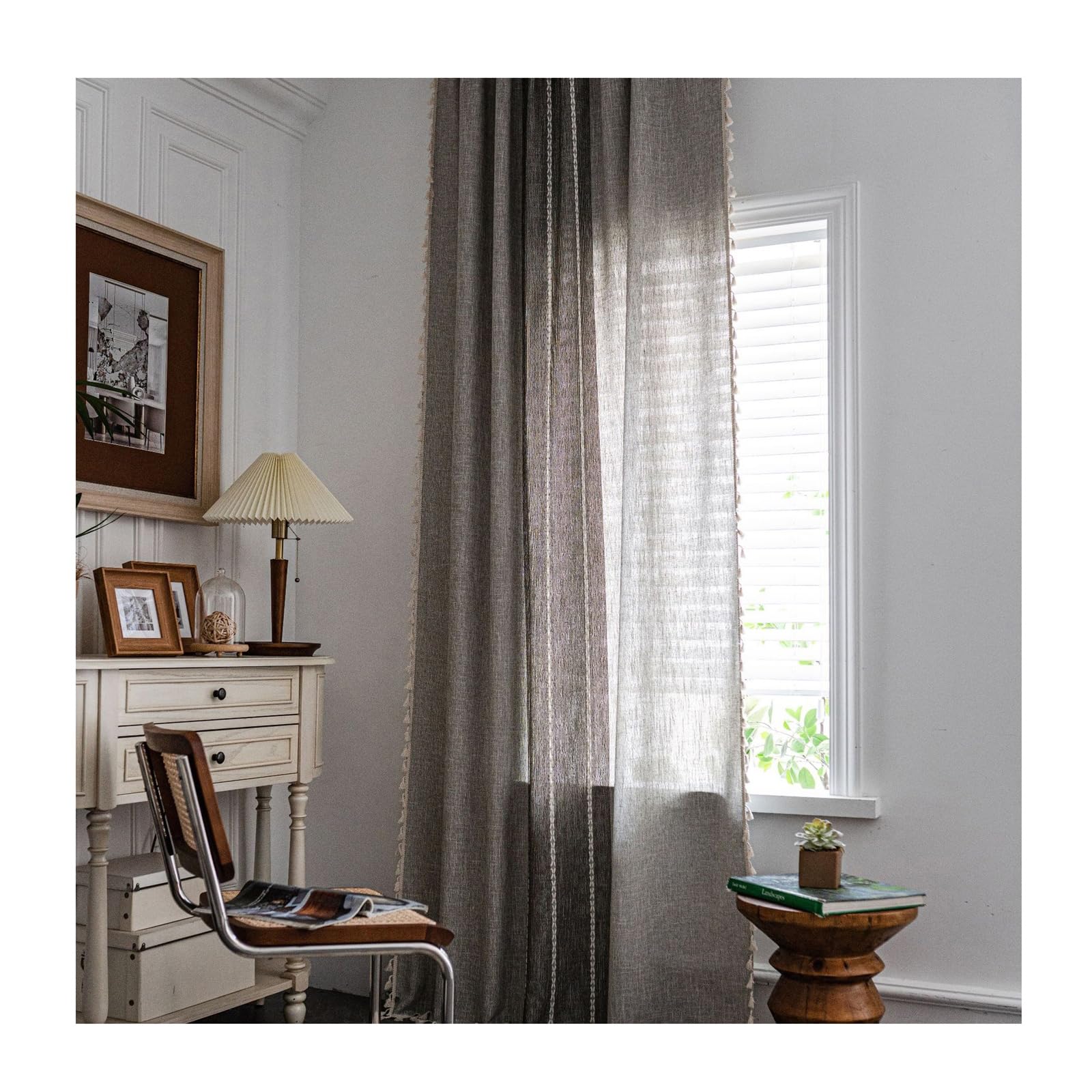 Cortina de voile KnSam gris de algodón con cinta fruncidora para un salón elegante de 132x274 cm
