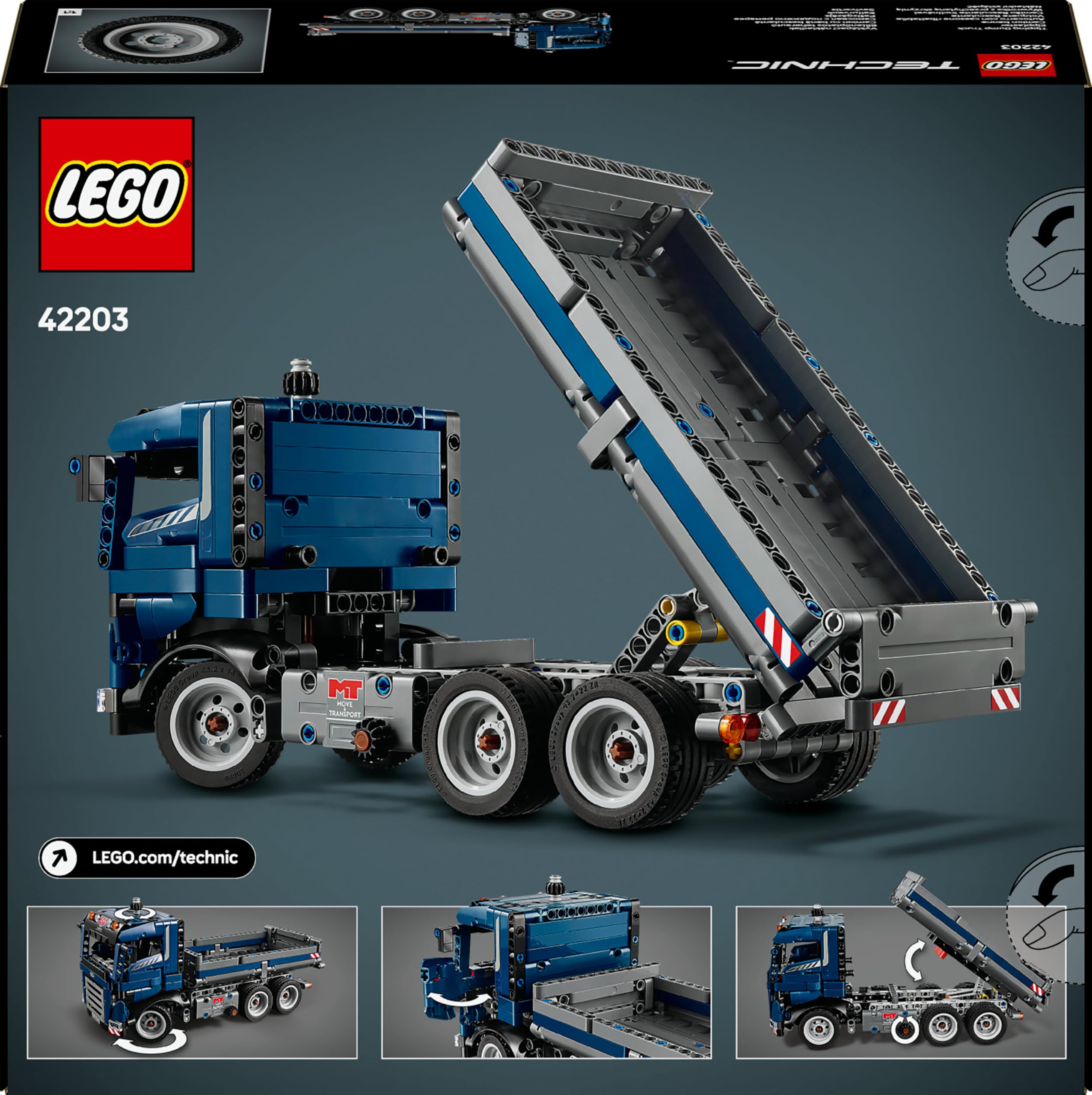 LEGO Technic Volquete Basculante, Vehículo de Obra y Construcción de Juguete, Camión Azul para Construir con Dirección y Caja Móvil, Regalo de Cumpleaños para Niños y Niñas de 9 Años o Más 42203
