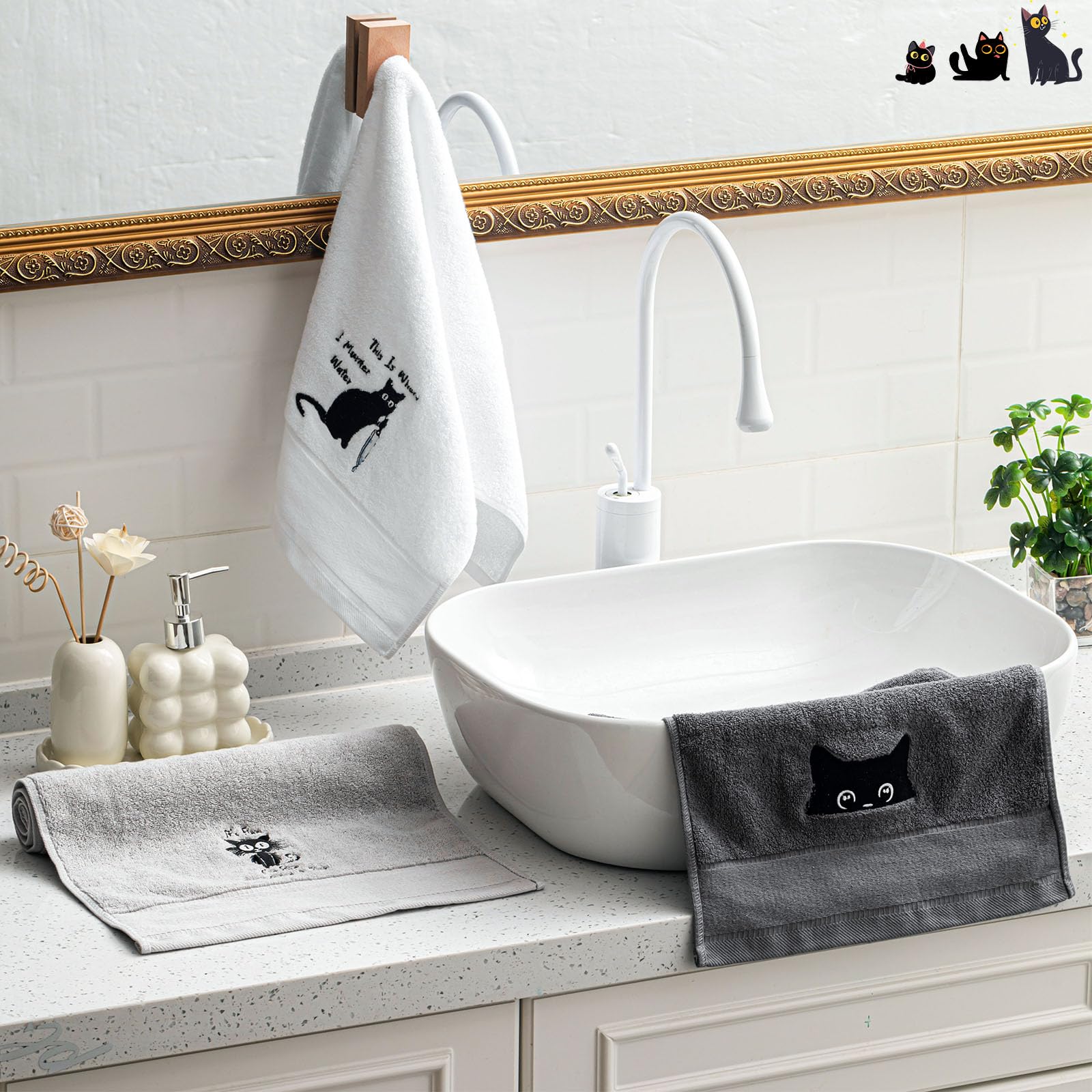 HunnmingRe 3 Toallas de Mano de Gato Negro para Cocina, 13.3 x 29.5 Pulgadas, Divertidas Decoraciones de baño, Lindas Toallas de Cocina de algodón para Amantes de los Gatos, Regalo para Mujeres,