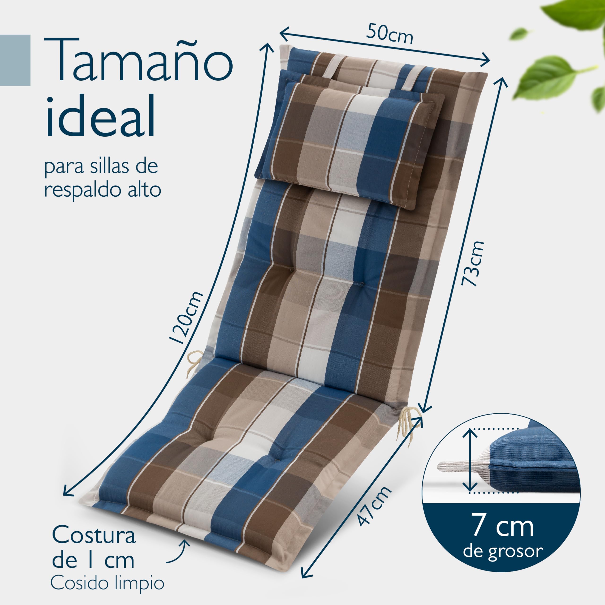 Beautissu Set de 2 Cojines para Sillas de Balcón con Respaldo Alto 120x50cm – Almohadillas de 7cm para Exterior, Tumbonas y Terrazas – HighLux HL – Marrón-Azul a Cuadros – Hecho en la UE