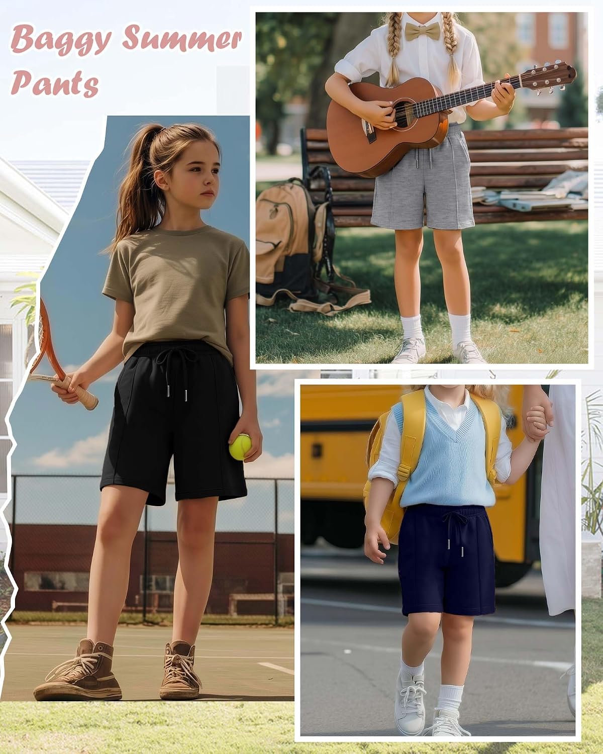 3 Pack Girls' Bermuda Shorts Summer Kids Drawstring Elastic Waist Casual Knee Length Shorts with Pockets 5-14 Years(Black, Gray, Navy Blue,9-10 Years)