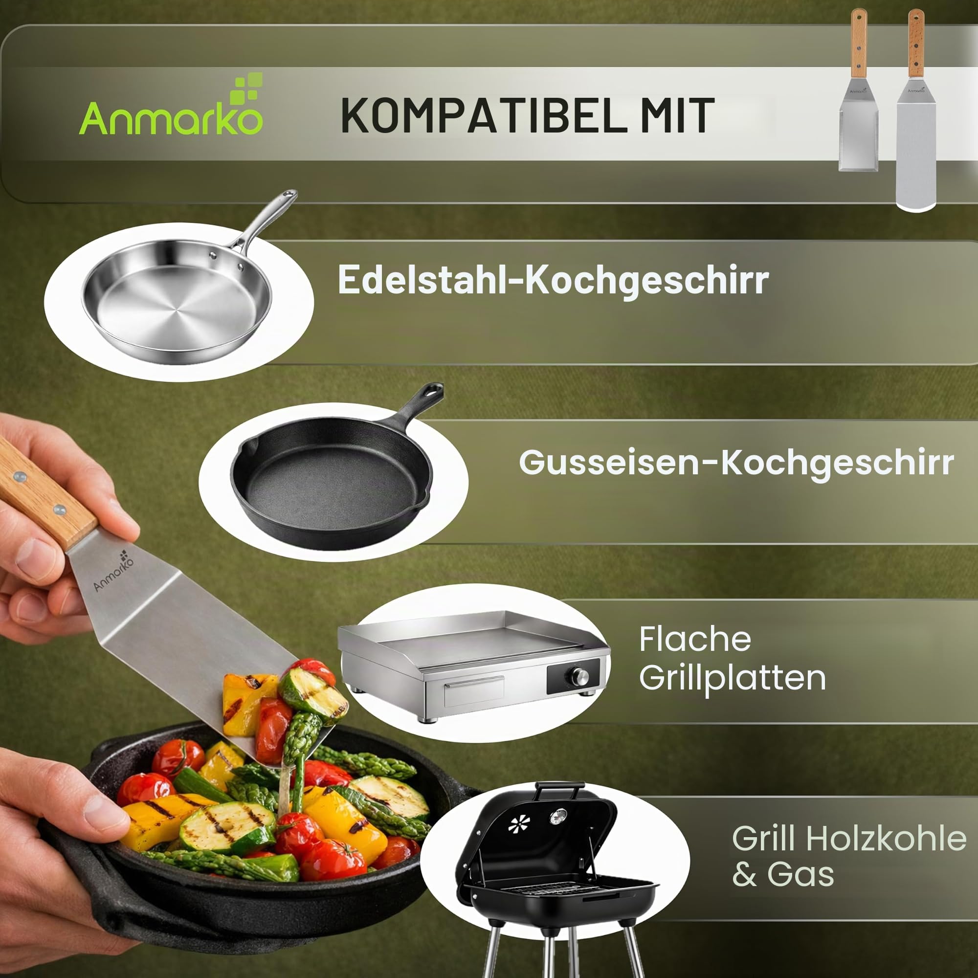 Professionelles Metall-Pfannenwender-Set – Edelstahlspatel und Grillschaber – schwerer Pfannenwender, Grill-Zubehör, ideal für Gusseisen-Grill, flache Oberseite, handelsübliche Qualität