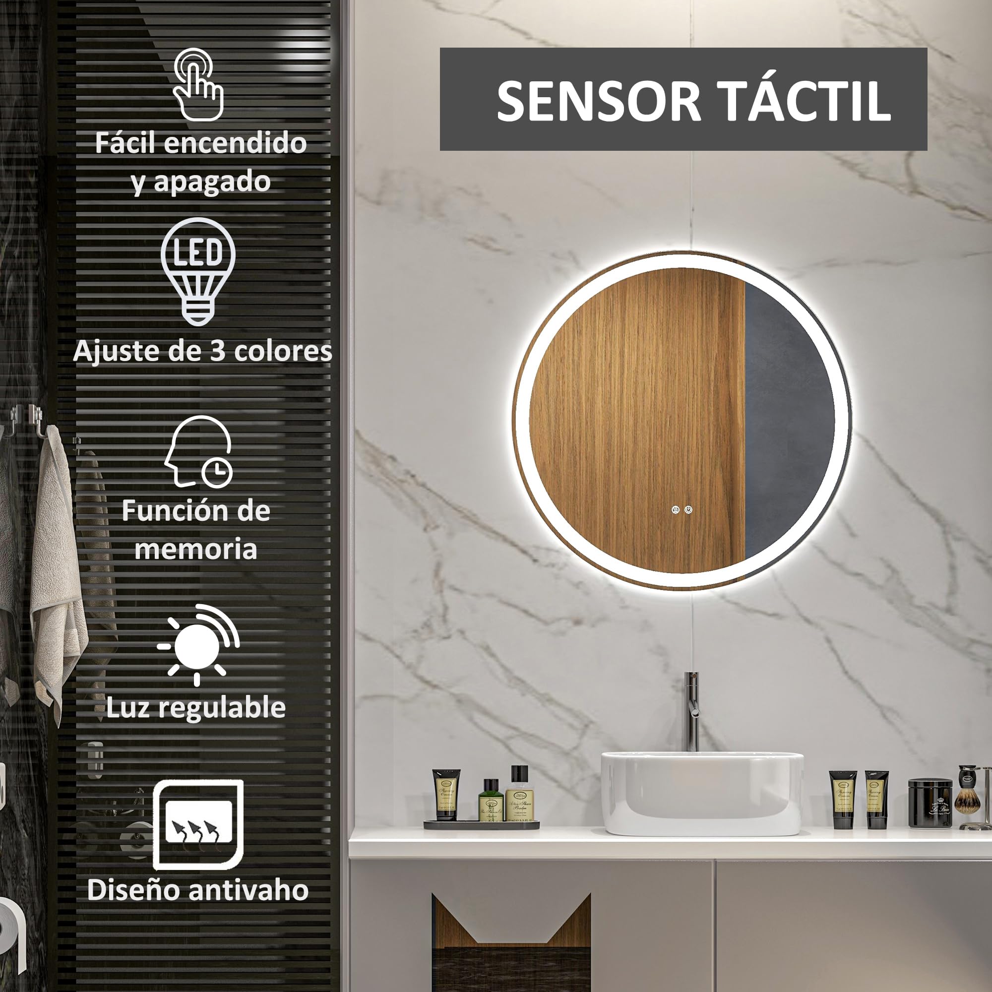 kleankin Espejo de Baño con Luces LED Ajustable Antivaho Ø60 cm Plata | Espejo para Baño Redondo, Función de Memoria, Interruptor Táctil, para Salón Entrada