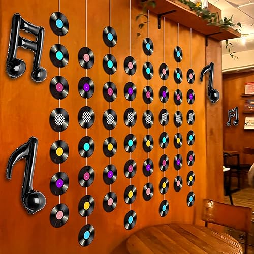 Miniatura 5 de 18 piezas de decoración musical de los años 50, guirnaldas de discos retro, serpentinas, cortinas con flecos, notas musicales, globos para fotos,