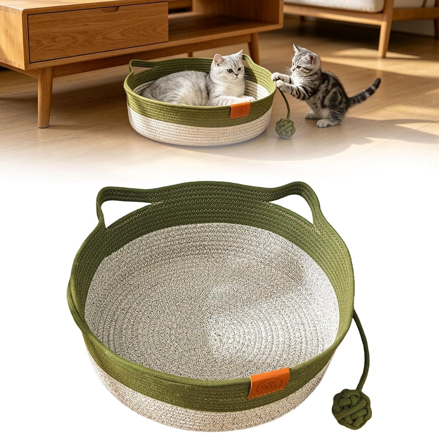 Cat Instinct Basket Bed, Cotton Rope Cat Basket with Cushion Toy Tail — image 1