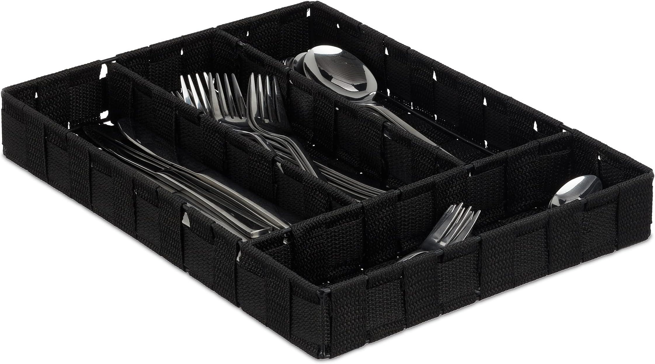 Relaxdays Boîte De Rangement Couverts 4 Compartiments – Tiroir Cuisine 4,5 X 26 X 36 Cm, Noir Design Tressé