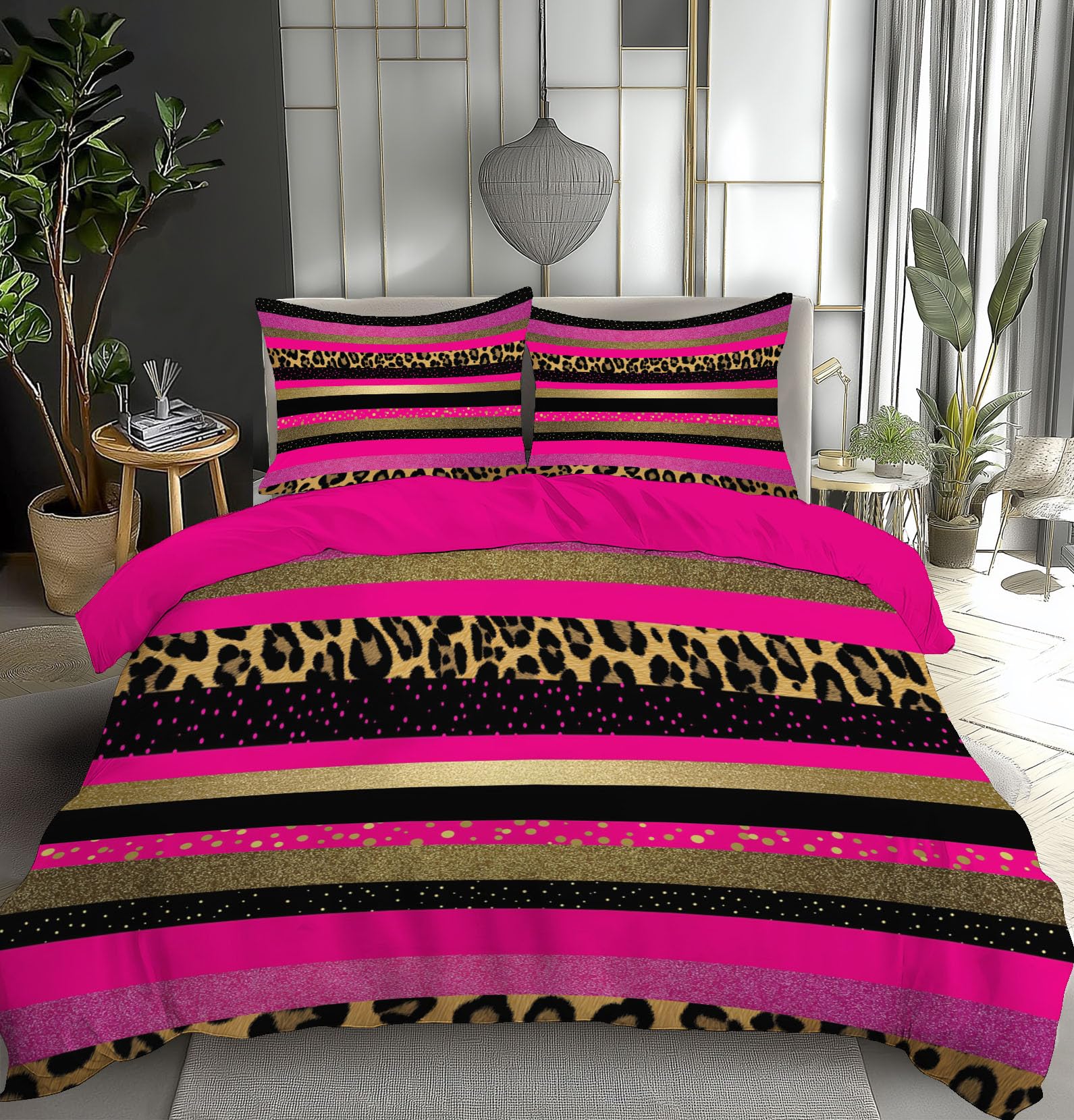 Housse de couette 240x260 cm léopard rose avec ses 2 taies