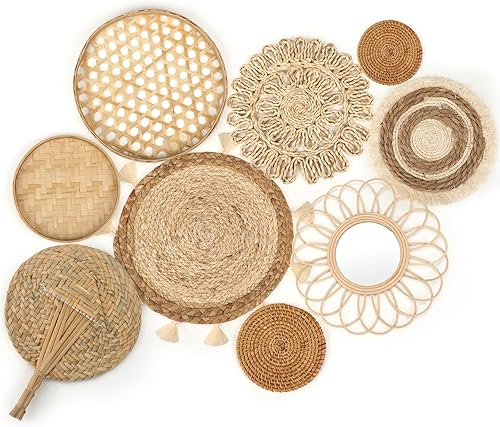 Juego de 9 cestas de pared para colgar en la pared, decoración de pared de ratán, espejo plano redondo de mimbre, borlas de macramé, tapiz de bambú