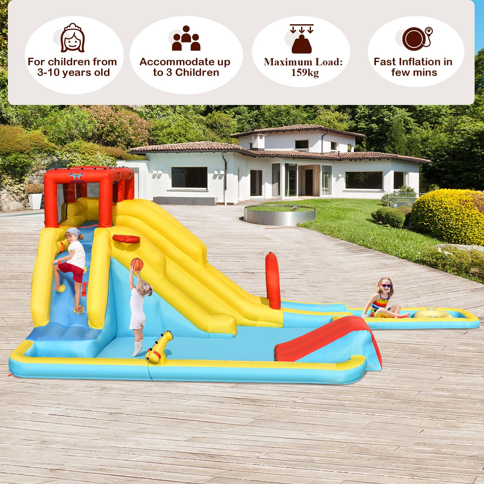 LIFEZEAL Castillo Hinchable Acuático para Niños, Parque Inflable con Doble Tobogán, Casa Infantil de Rebote con Pared de Escalada, Pistola de Agua, Anillos de Natación para 3-10 Años (sin soplador)