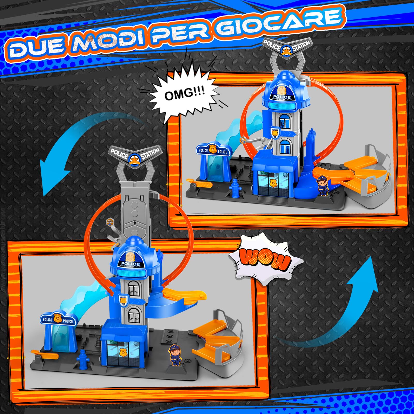 Charmofun City Commissariato di Polizia con Super Loop, Set Pista per Macchinine con 4 Macchinine, 3 Parcheggi, Piste con Ascensore e Luci e Suoni, Circuito a Lancio Giocattolo per Bambini dai 4 Anni