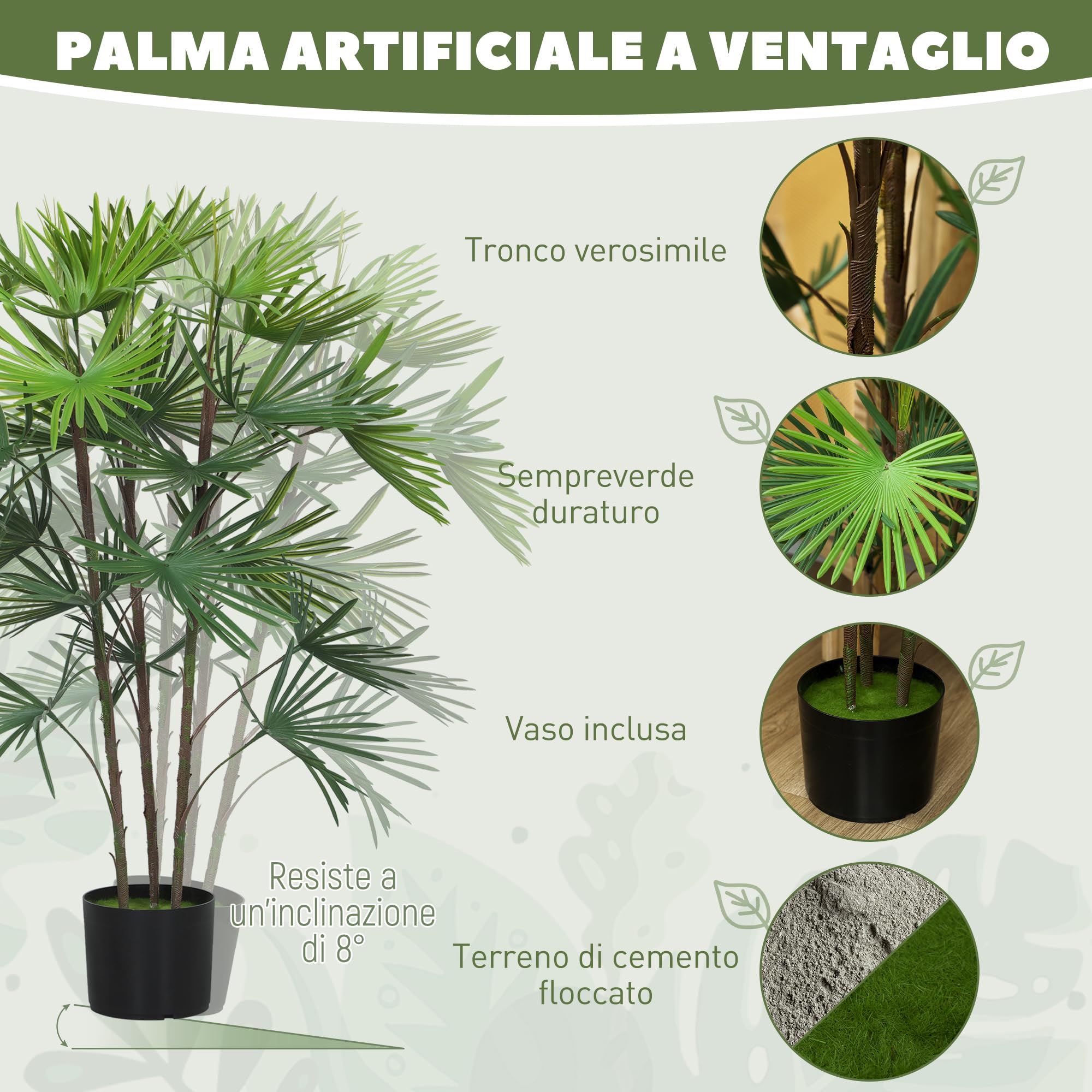 HOMCOM Palma Artificiale da 90 cm a 24 Foglie con Vaso Ø16.5x13.5 cm Verde