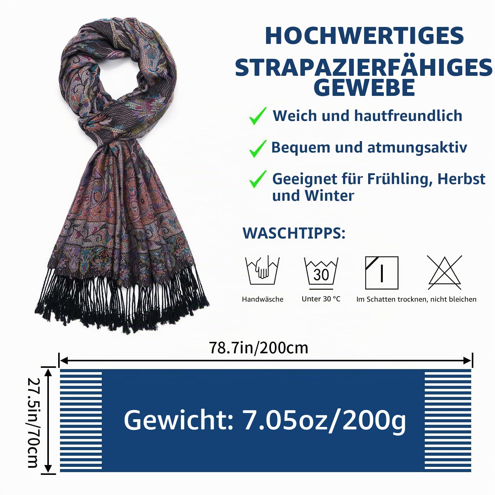 QIUTIMIY Paisley-Pashmina-Schal für Damen, wendbar, Vintage-Jacquard-Pashmina-Rave-Schal mit Fransen für Abendveranstaltungen, Hochzeiten