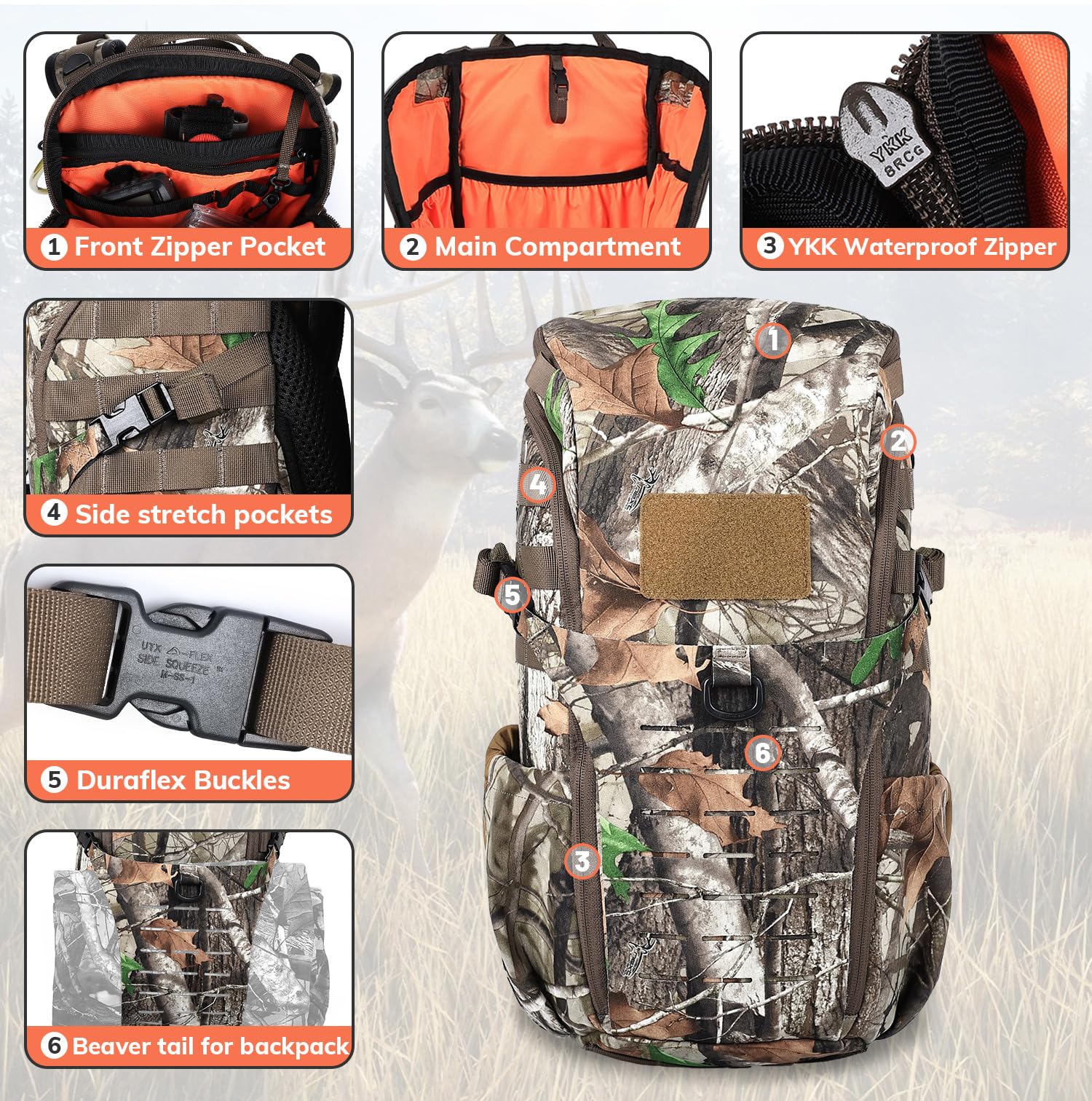 Jagd-Rucksack, wasserdicht, Camouflage, Jagdrucksack mit Regenschutz