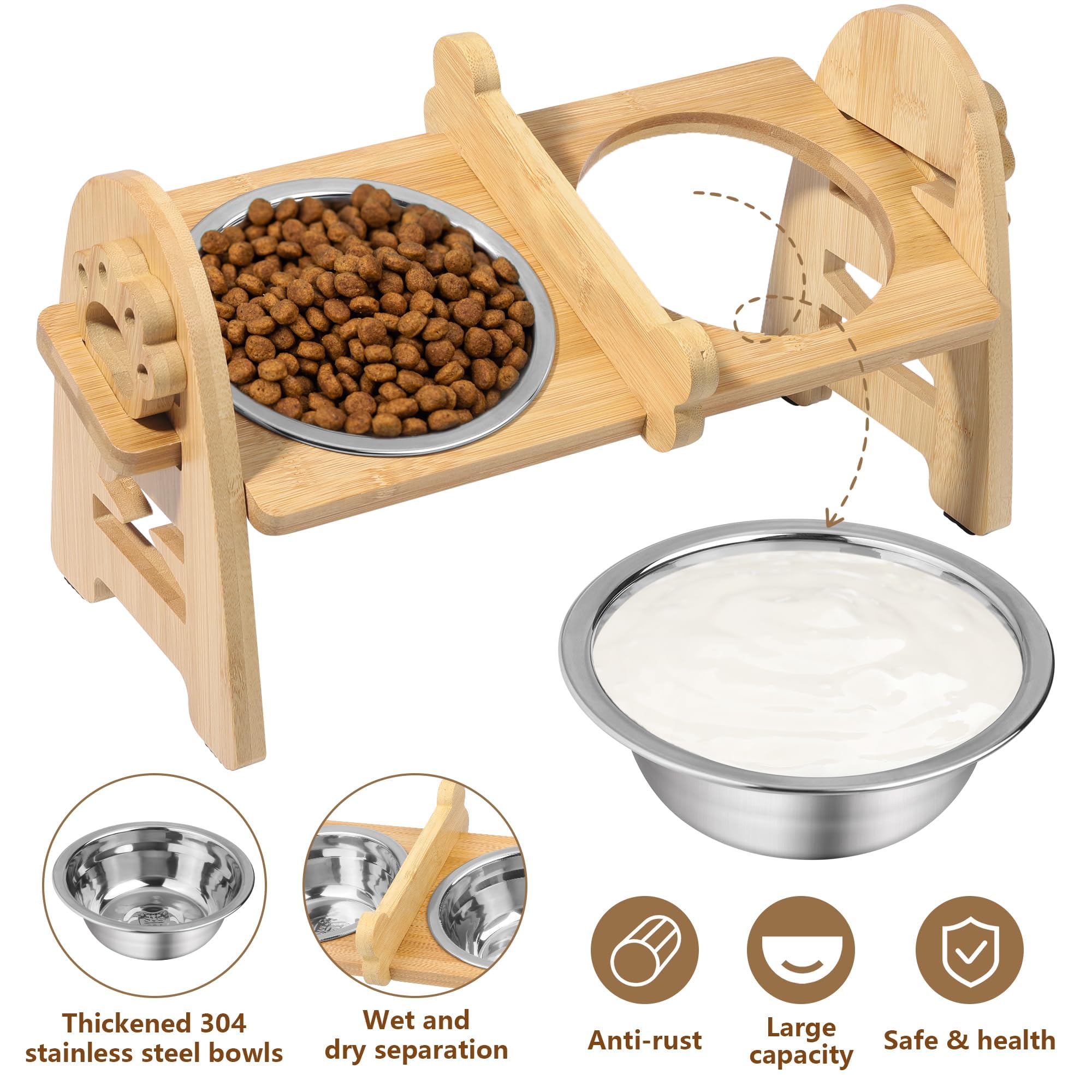 MCEAST Cuencos elevados ajustables para perros con 2 cuencos de acero inoxidable 304 de bambú para mascotas, comedero elevado para perros de tamaño pequeño, gatos y mascotas