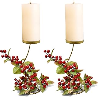 Christmas Table Centerpieces Candle Holder Set of 2 Holiday Gold Metal Pillar Candles Red Berry Twig Leaves Winter Centerpiece Decor for Wedding Dining Room Place Setting Decorations