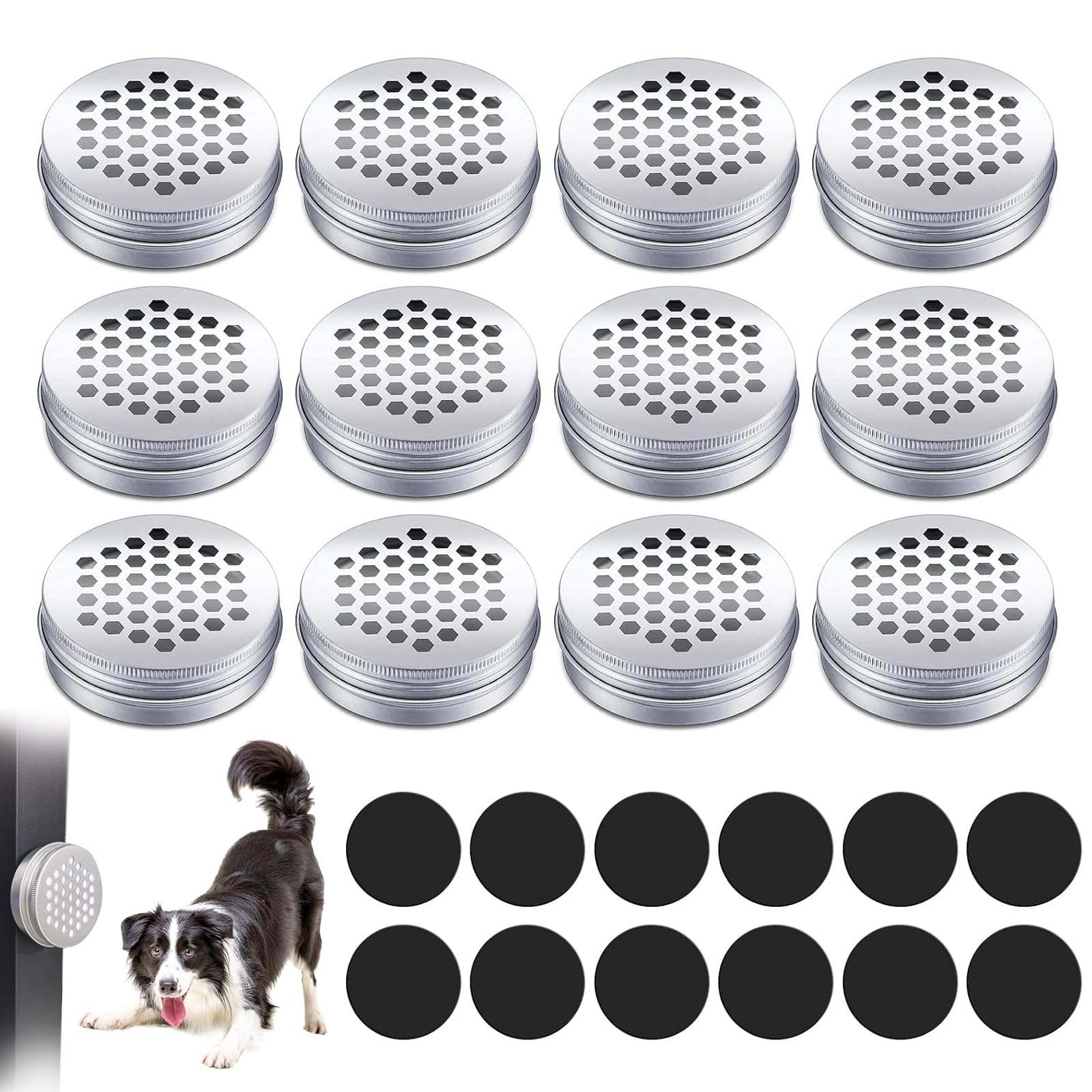 KUBDPQOR 12pcs Dog Scent Work Tins with 12 Stickers, Dog Training, Scent Training Tins for Dogs, Dog Scent Training Box, Round Smell Training Canisters Aluminum (Silver)