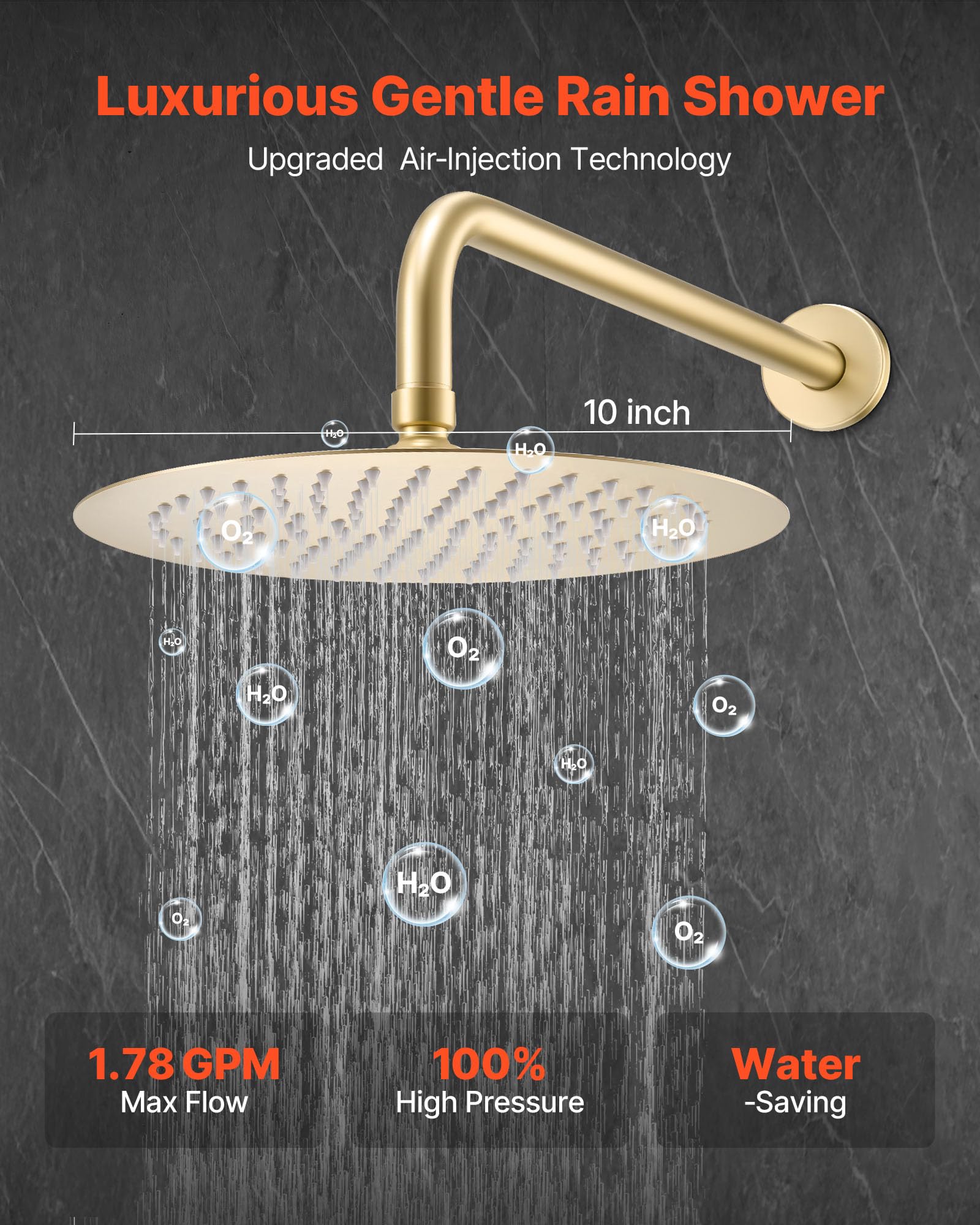 VEVOR Sistema Doccia a Pioggia per Bagno con Soffione Tondo 254 mm e Doccetta, Set di Rubinetti da Doccia a Parete, con Valvola in Ottone e Kit di Finitura, Rubinetto Doccia, Oro Spazzolato