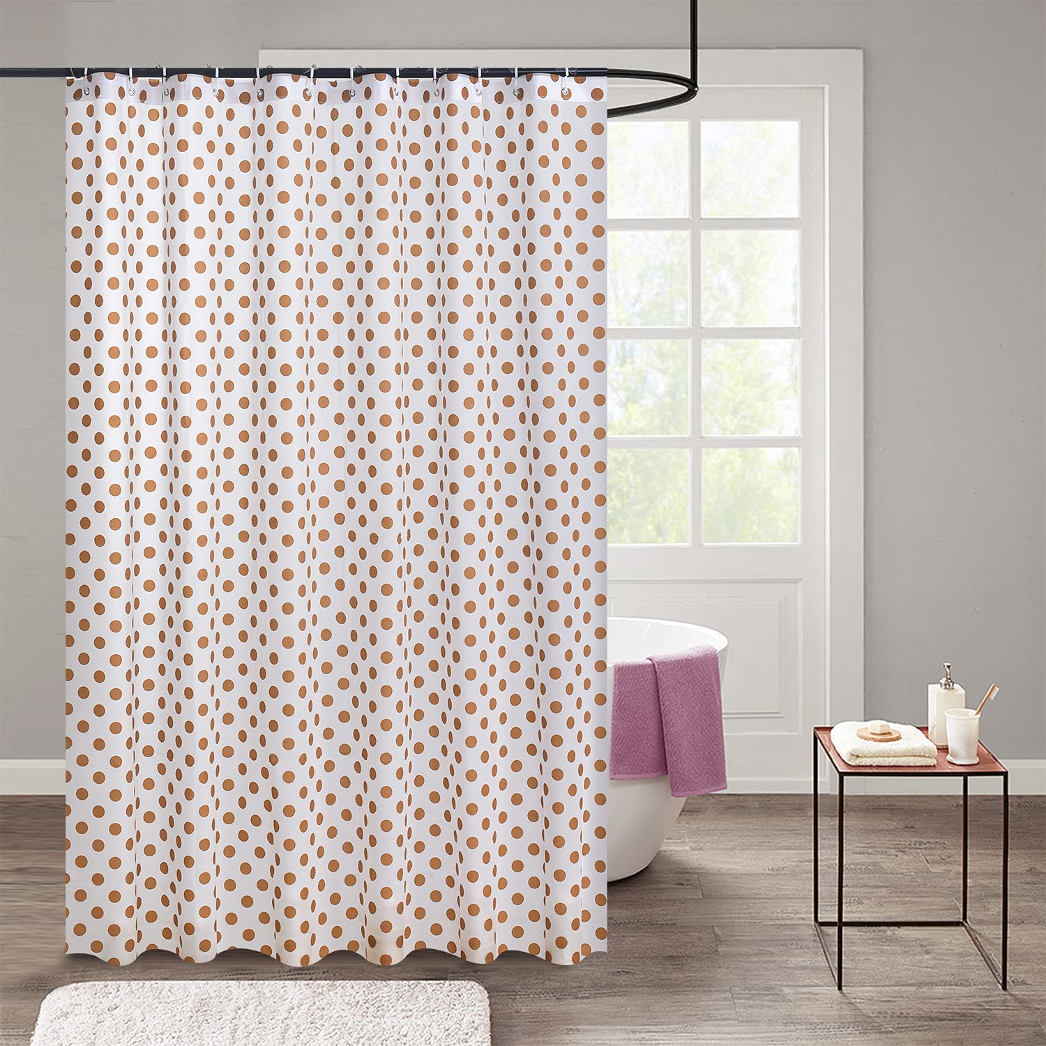 Hadi London Waterproof Shower Curtain with Hooks – 180x180cm | 16 Colors | Fabric & Plastic Variants | Durable, Quick-Dry & Mold-Resistant | Elegant Bathroom Decor (POLKA-BROWN)