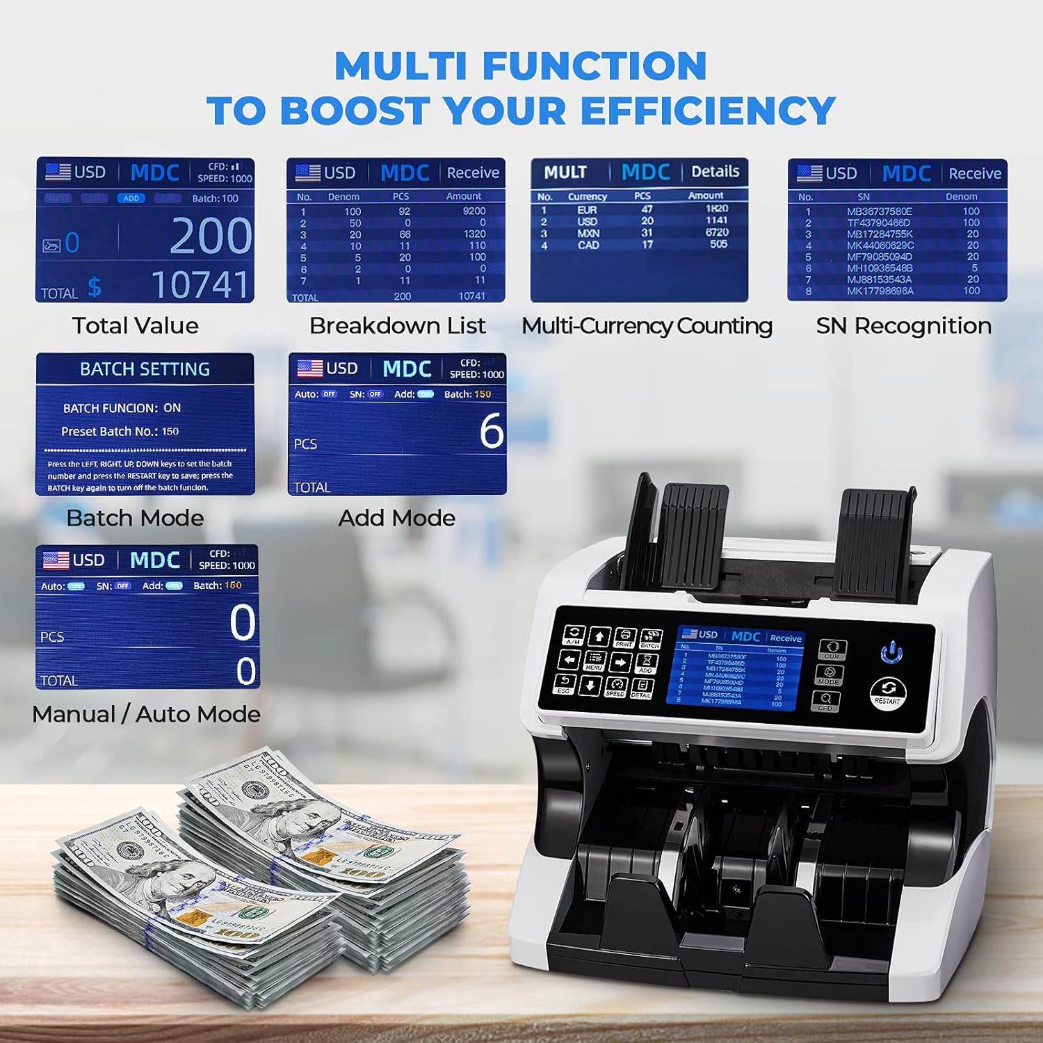 MUNBYN IMC01 Bank Grade Money Counter Machine Mixed Denomination, 2CIS/UV/IR/MG/MT Counterfeit Detection, Serial Number, MUL Currency Cash Counter, Printer Compatible Bill Value... - Image 3