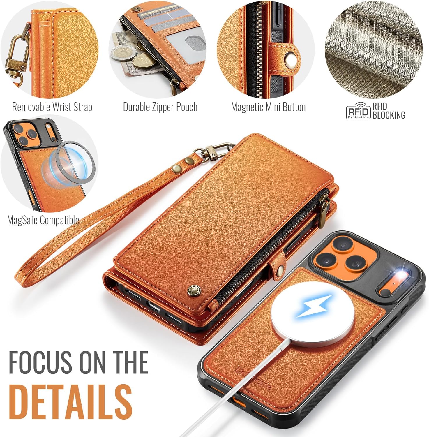 Defencase for iPhone 17 Pro Magnetic Wallet Case Compatible with Magsafe with RFID Blocking Zipper & Card Holder for Women Men PU Leather Strap Detachable Case for iPhone 17 Pro (6.3 inch), Orange - Image 8