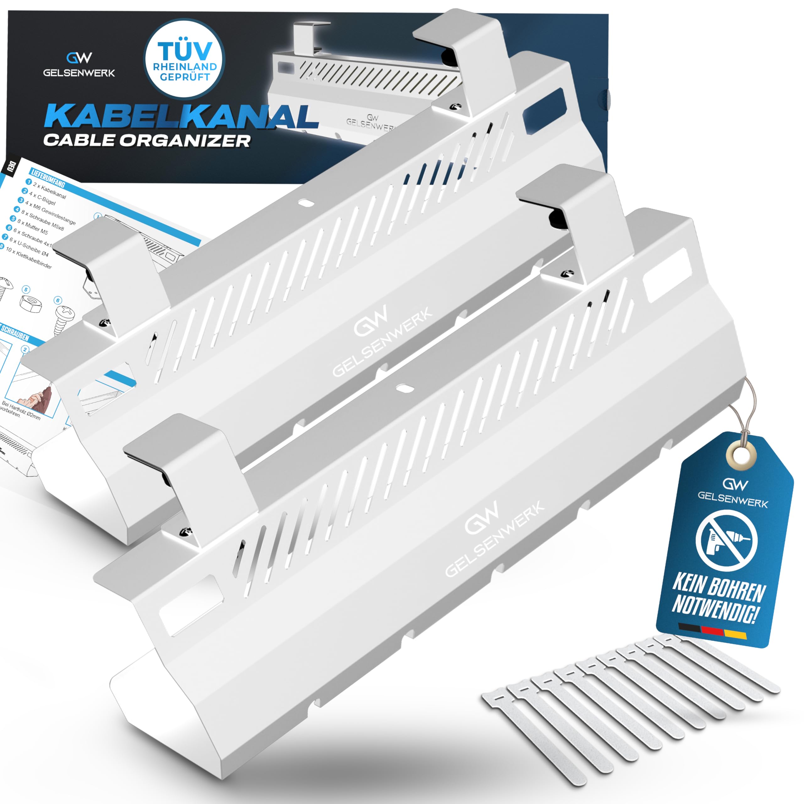 Kabelkanal Schreibtisch Weiß 2er Set – Kabelmanagement Metall Kabelwanne ohne Bohren Kabel Organizer