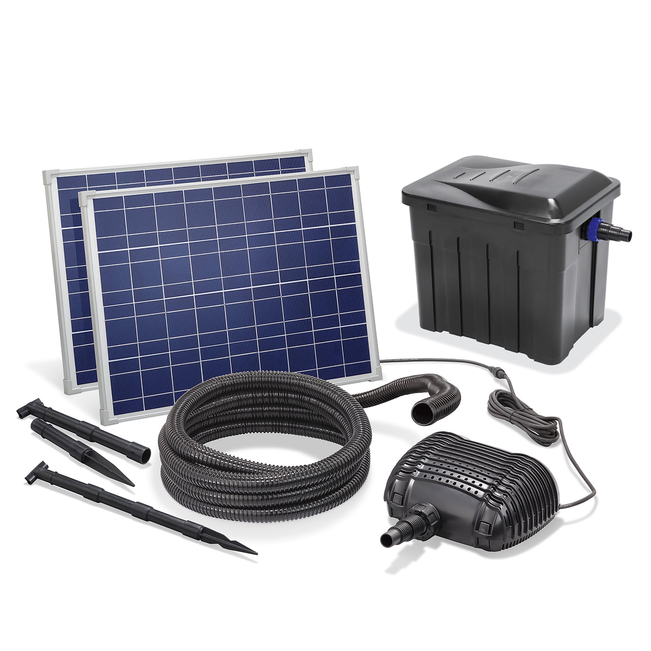 esotec Solar Teichfilterset Premium 70/3400, Teichfilter Komplettset, 3400 l/h, 4 Stufen Filterung, Solarmodule 150Wp, Teichpumpe außen, Gartenteich Reinigungssystem, 101071