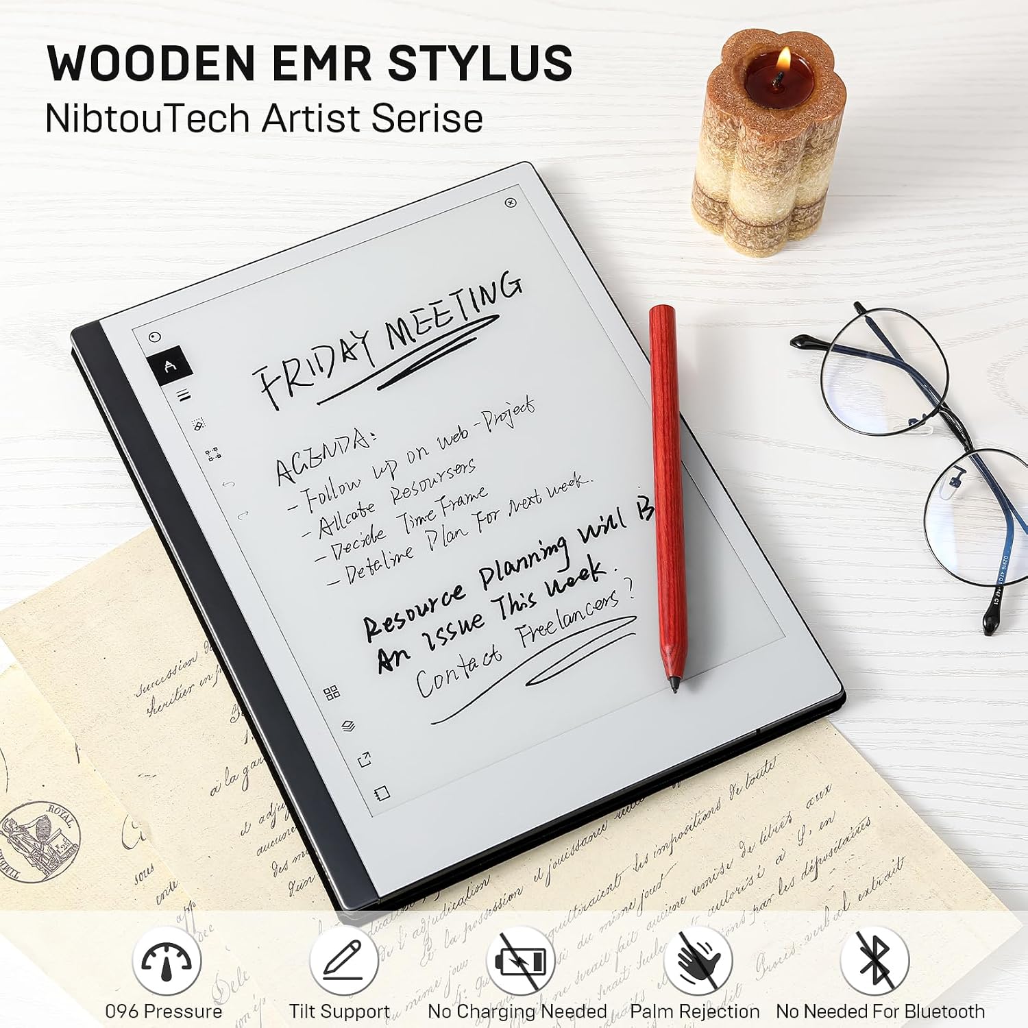 Wooden Replacement for Kindle Scribe Pen with Eraser, EMR Stylus for Remarkable 2 Pen Replacement with Eraser, 4096 Pressure Levels, Tilt Support, Palm Rejection（with 3 Pen Tips） image 3