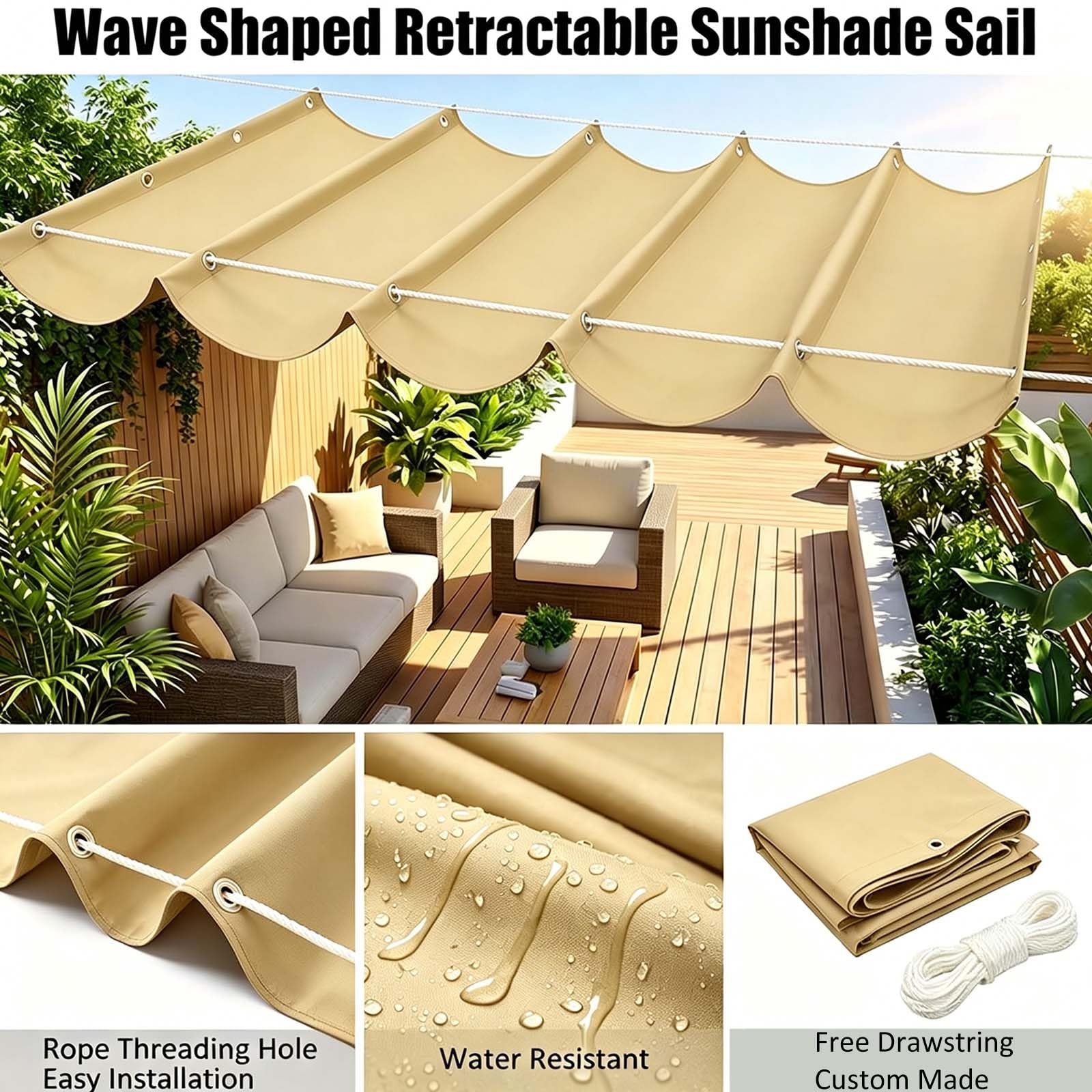 Vela Parasole Ondulata Retrattile 100 x 800 cm Protezione Solare Schermo UV con Funi di Tensione Tenda da Sole per Esterno Vela Parasole per Piscinae Terrazza, Giallo sabbia