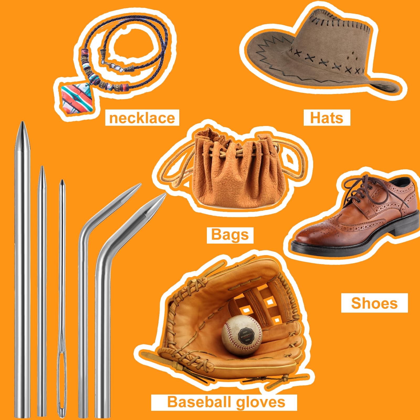 Lot de 5 aiguilles à lacets en cuir - Gant de baseball - En acier inoxydable - Aiguille à tisser pour gants de baseball et de softball - Réparation et outil de laçage