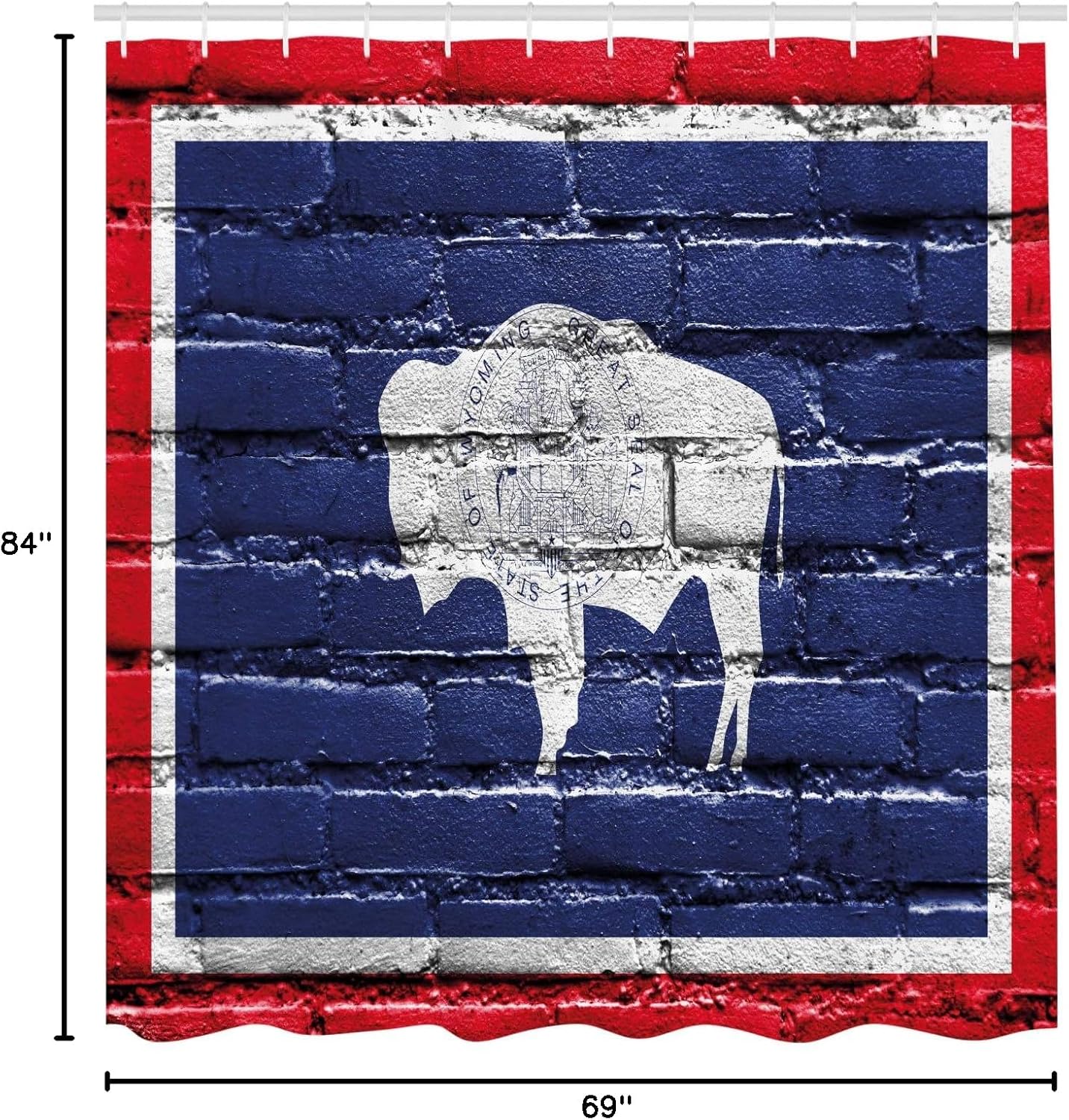 Ambesonne Wyoming Shower Curtain, Flag of Equality State with Bison Print Painted on Brick Wall, Cloth Fabric Bathroom Decor Set with Hooks, 69" W x 84" L, Night Blue White