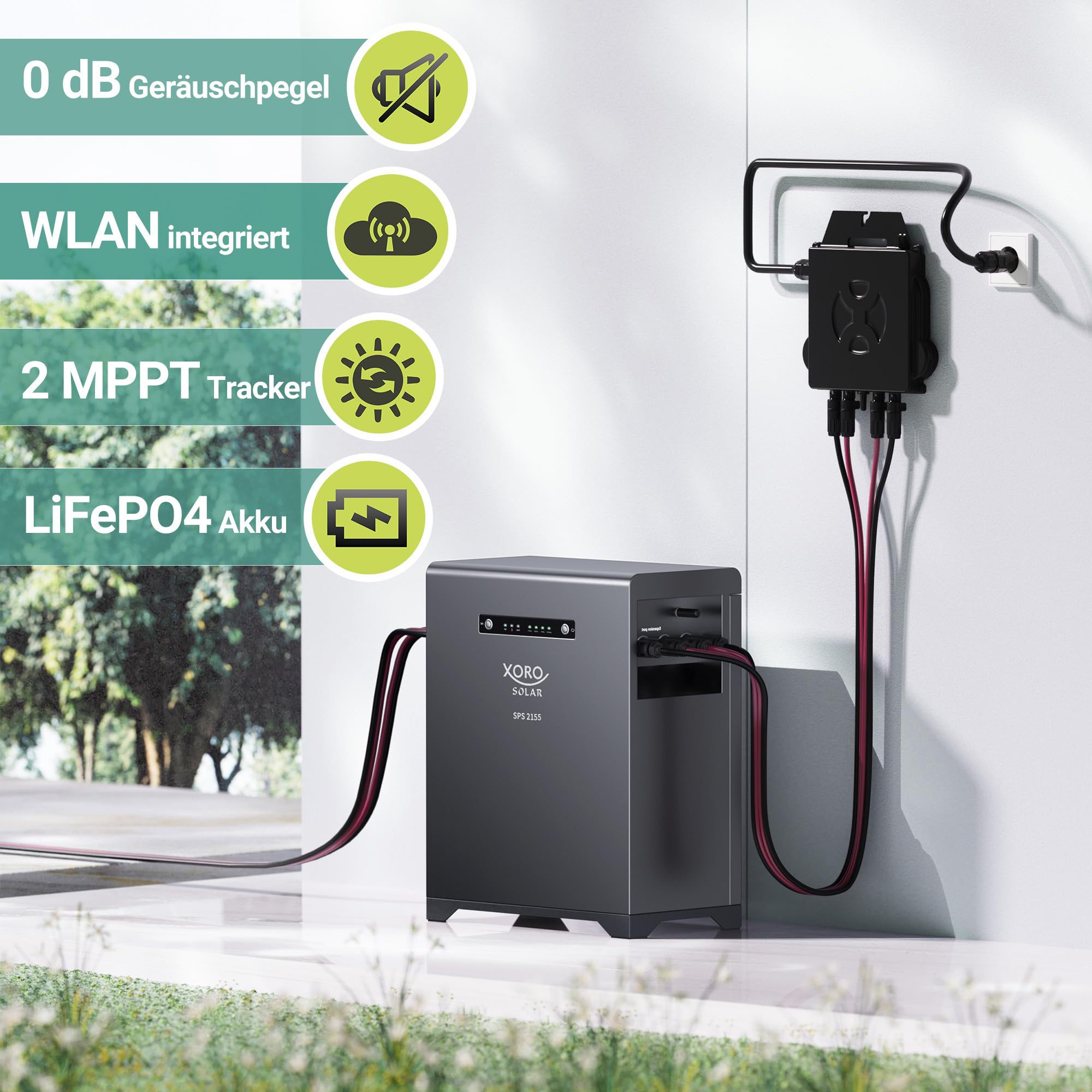 SPS 2155 Solarspeicher - Balkonkraftwerkspeicher mit 2 kWh LiFePO4 Akku, Dual MPPT 2x800W Eingang, 800W Ausgang für den Innen- und Außenbereich IP65, Plug & Play