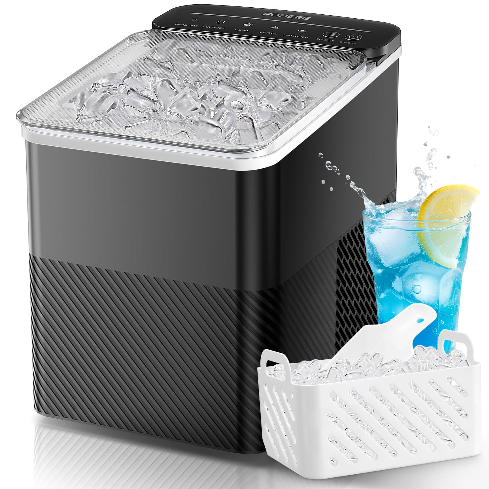 FOHERE Máquina de Hielo, 14Kg/24h, 2 Tamaños, Hace 9 Cubitos en 5 Minutos, Autolimpiante, Perfecta para Casa, Oficina, Bar y Restaurante (Oscuro)