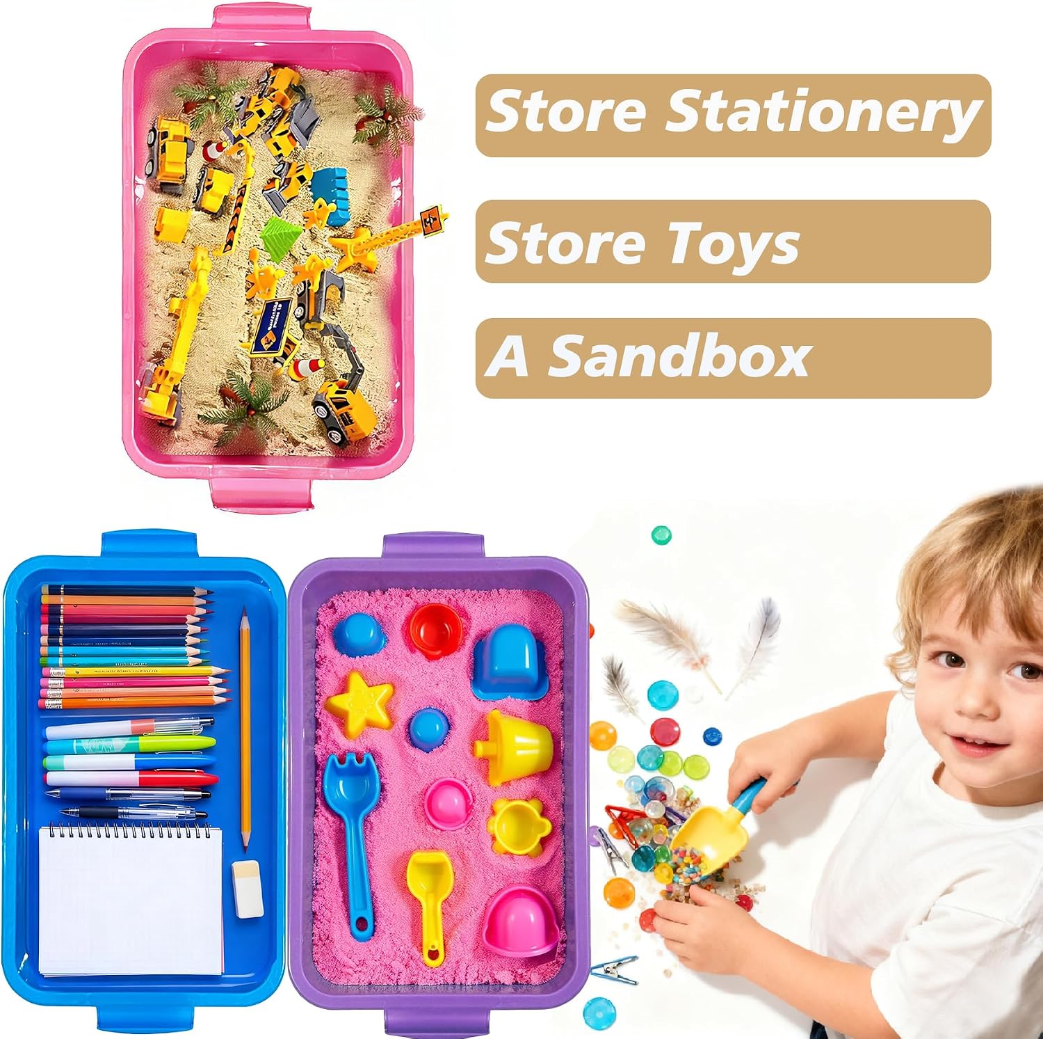 4 Qt (3.8L) Sensory Bin With Lid - 3 Pack, Stackable Storage Sensory Bins with Lids, Portable Sandbox, Organizers Sand, Arts, Crafts, (Blue, Purple, Pink) image 4