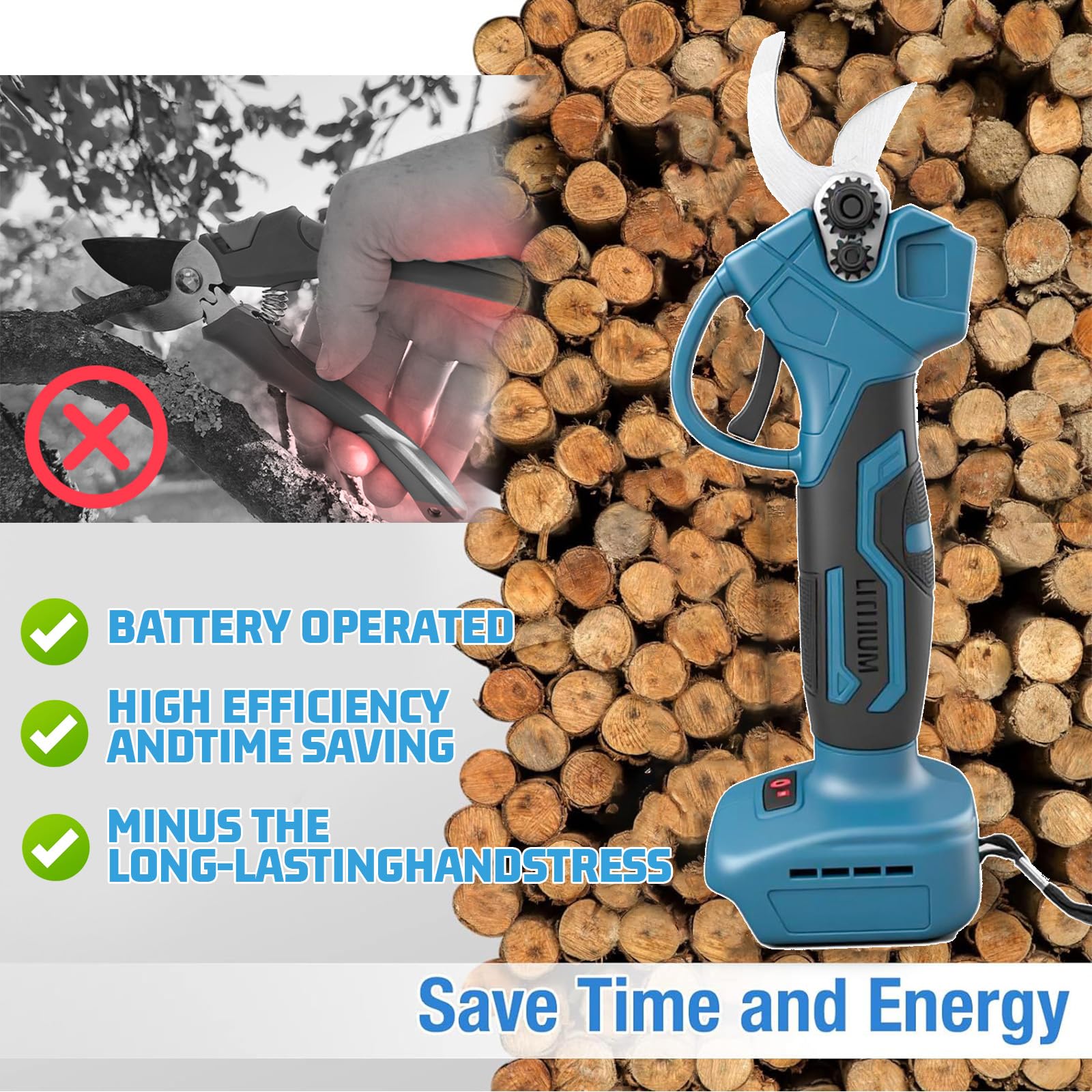 Tijeras de podar eléctricas con batería, con 2 baterías y cargador, diámetro máximo de corte de 30 mm, batería para podar árboles y arbustos y cuidado del jardín